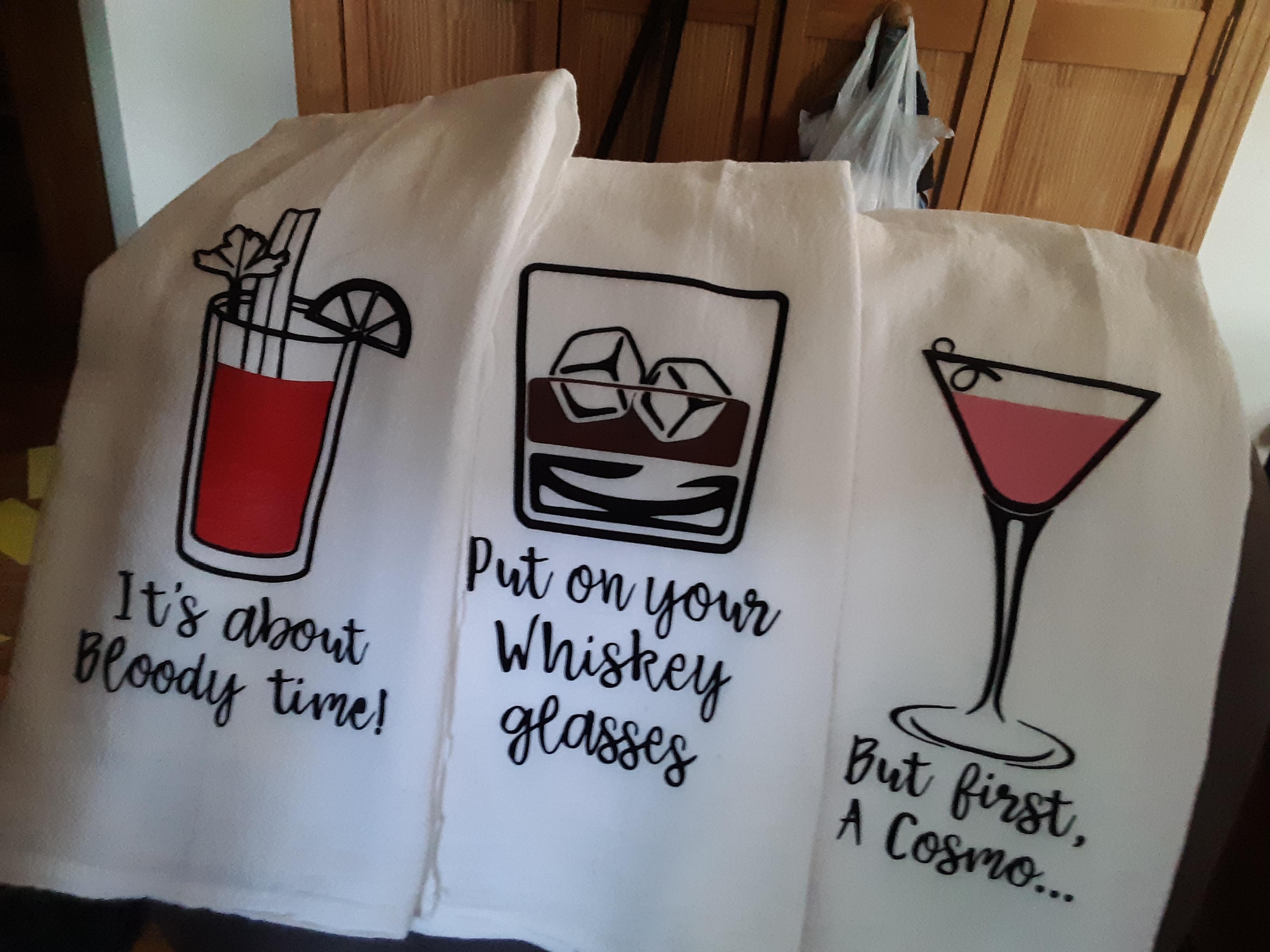 Flour sack towels using strip flocking & HTV. Will go in Bloody Mary