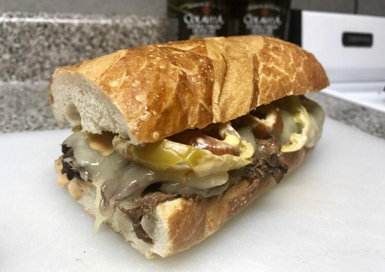 Leftover Mississippi pot roast, provolone cheese, sliced cherry peppers