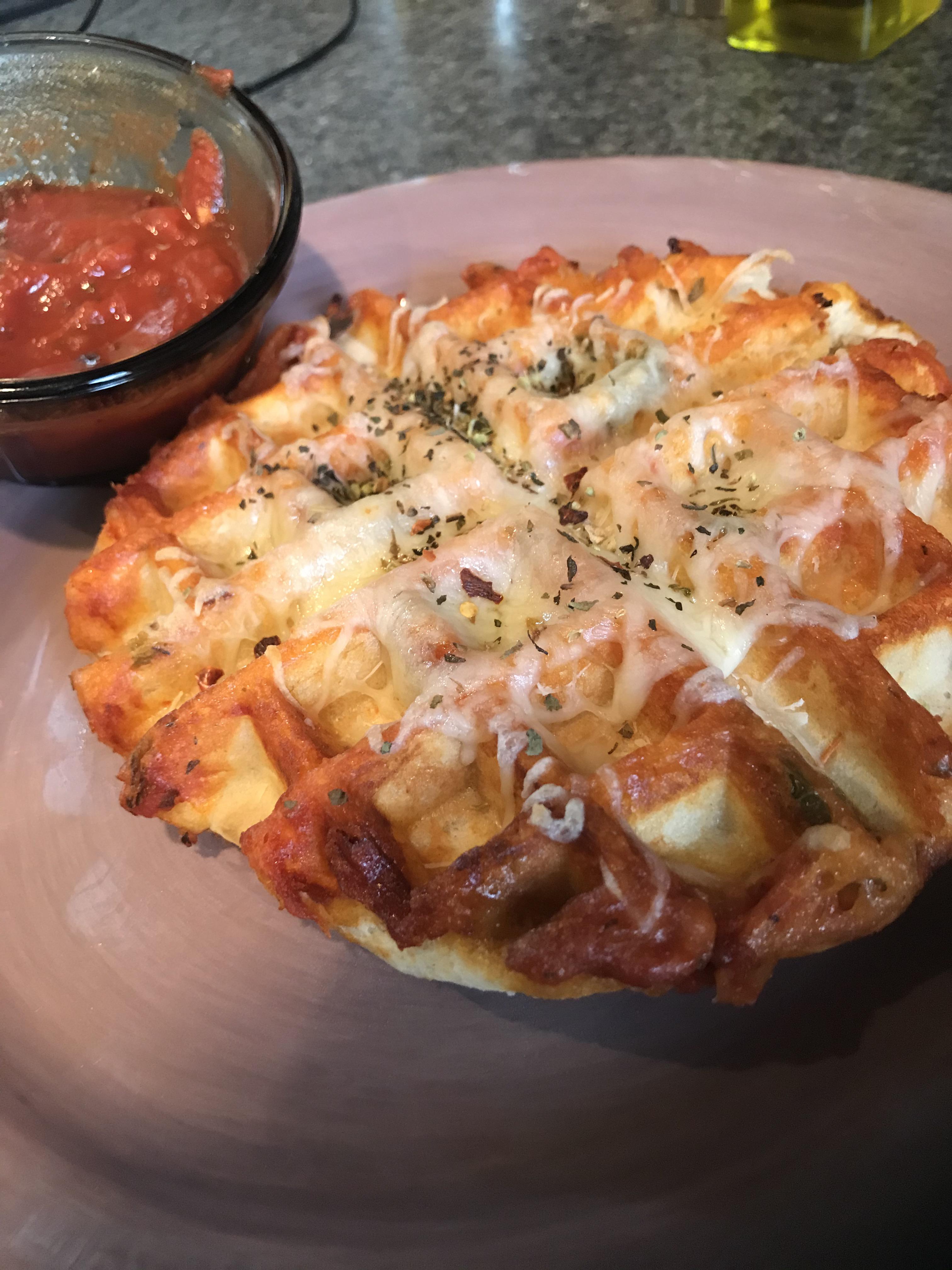[First Attempt] Waffle Iron Pizza with homemade sauce. r/FoodPorn