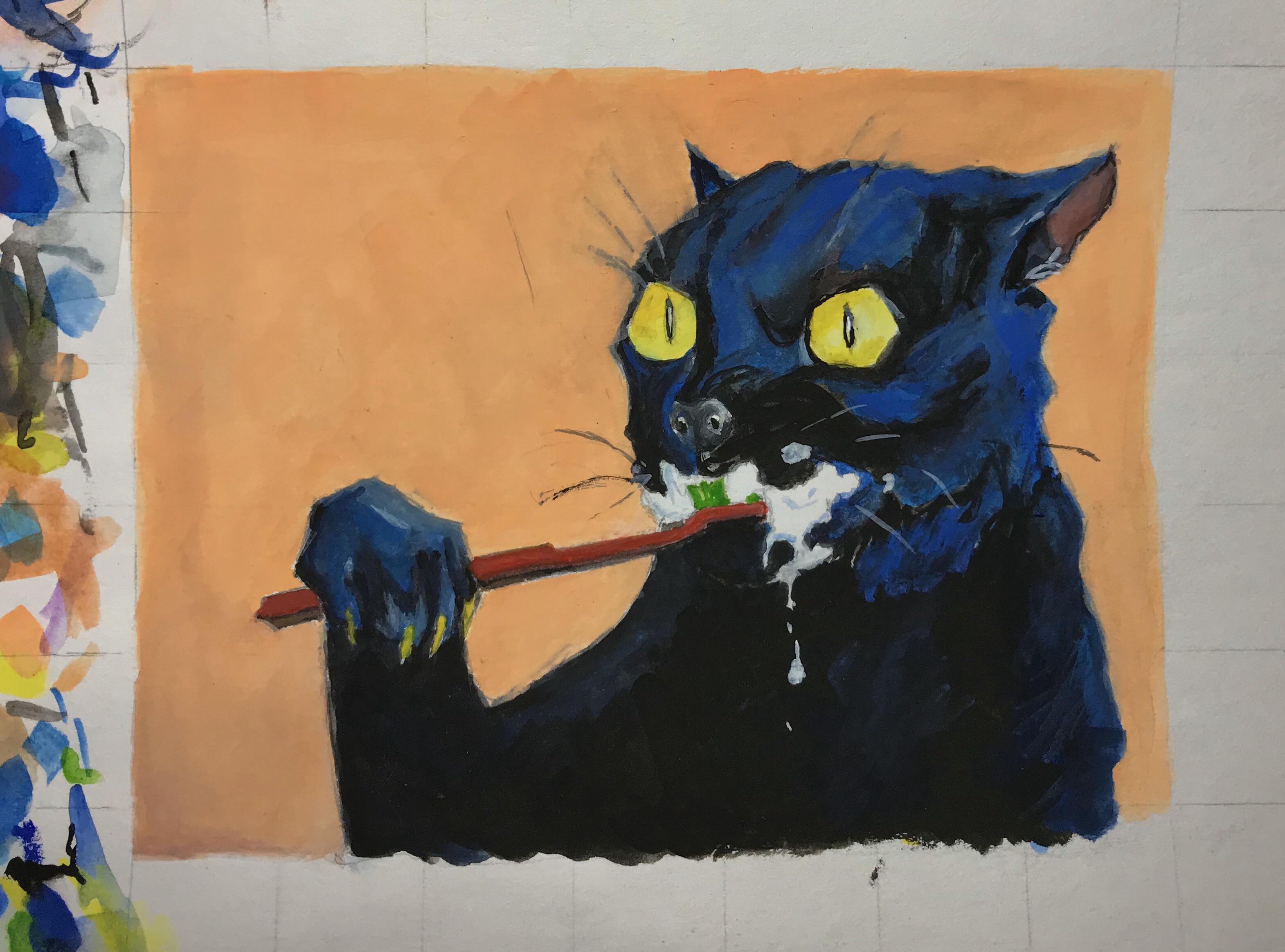 Cat brushing teeth r/Gouache