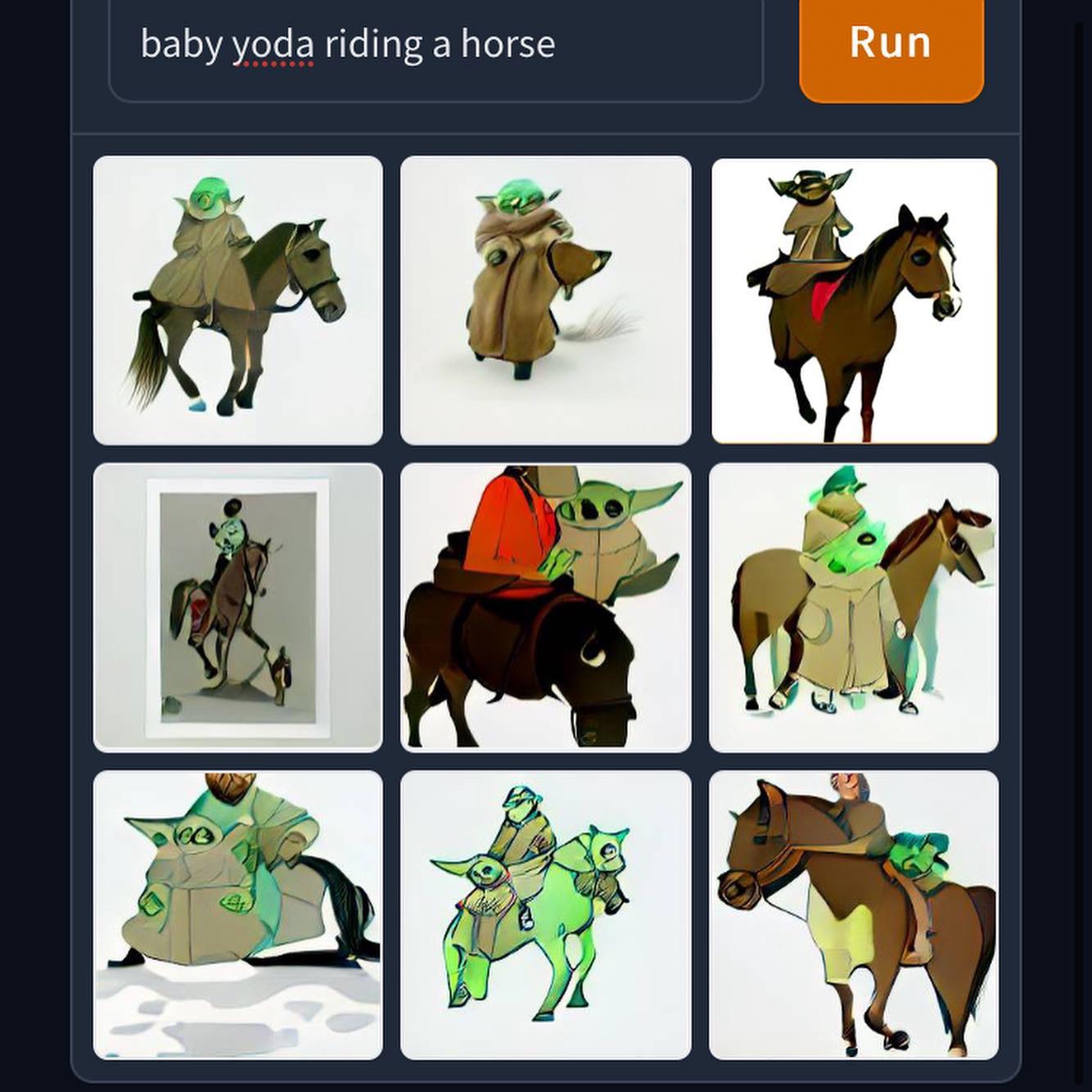 Baby Yoda riding a horse dallemini