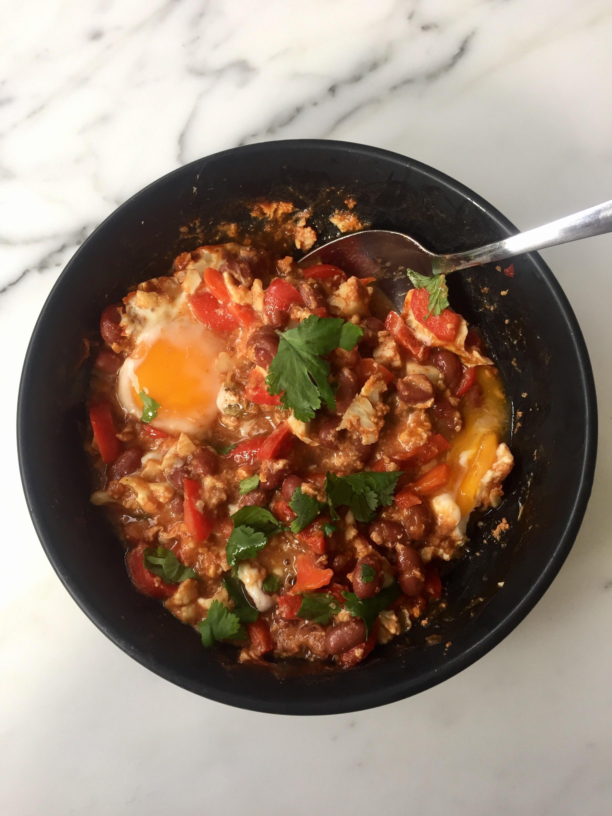 334 Calorie lunch. Mexican beans and eggs (excuse my eagerness to get