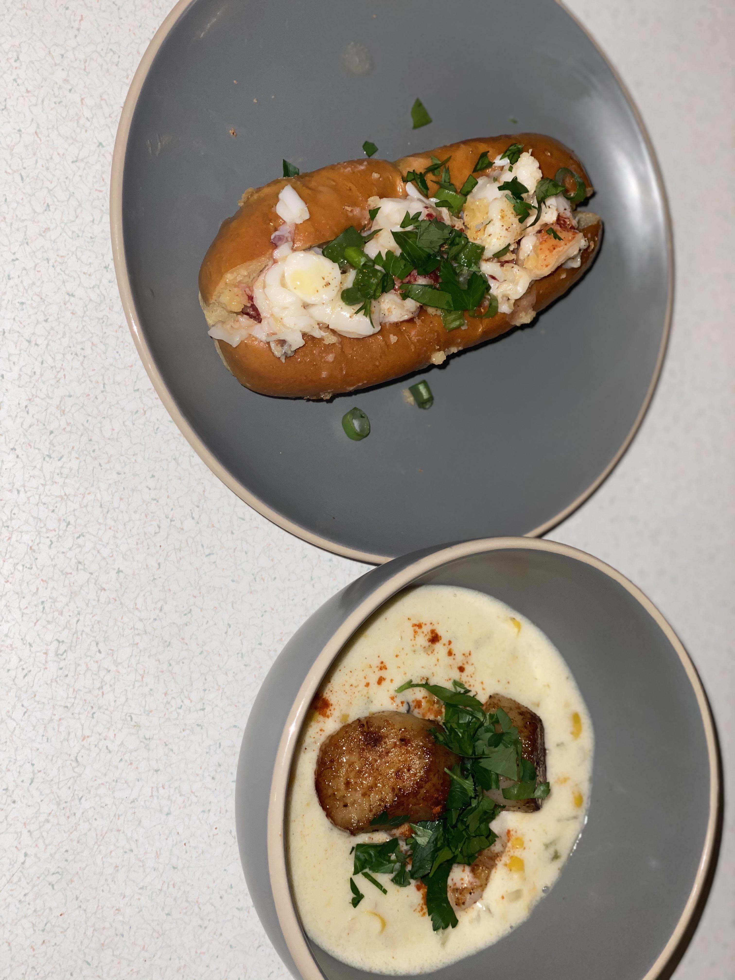 [homemade] Seared scallop and shrimp bisque and a lobster roll. r/food