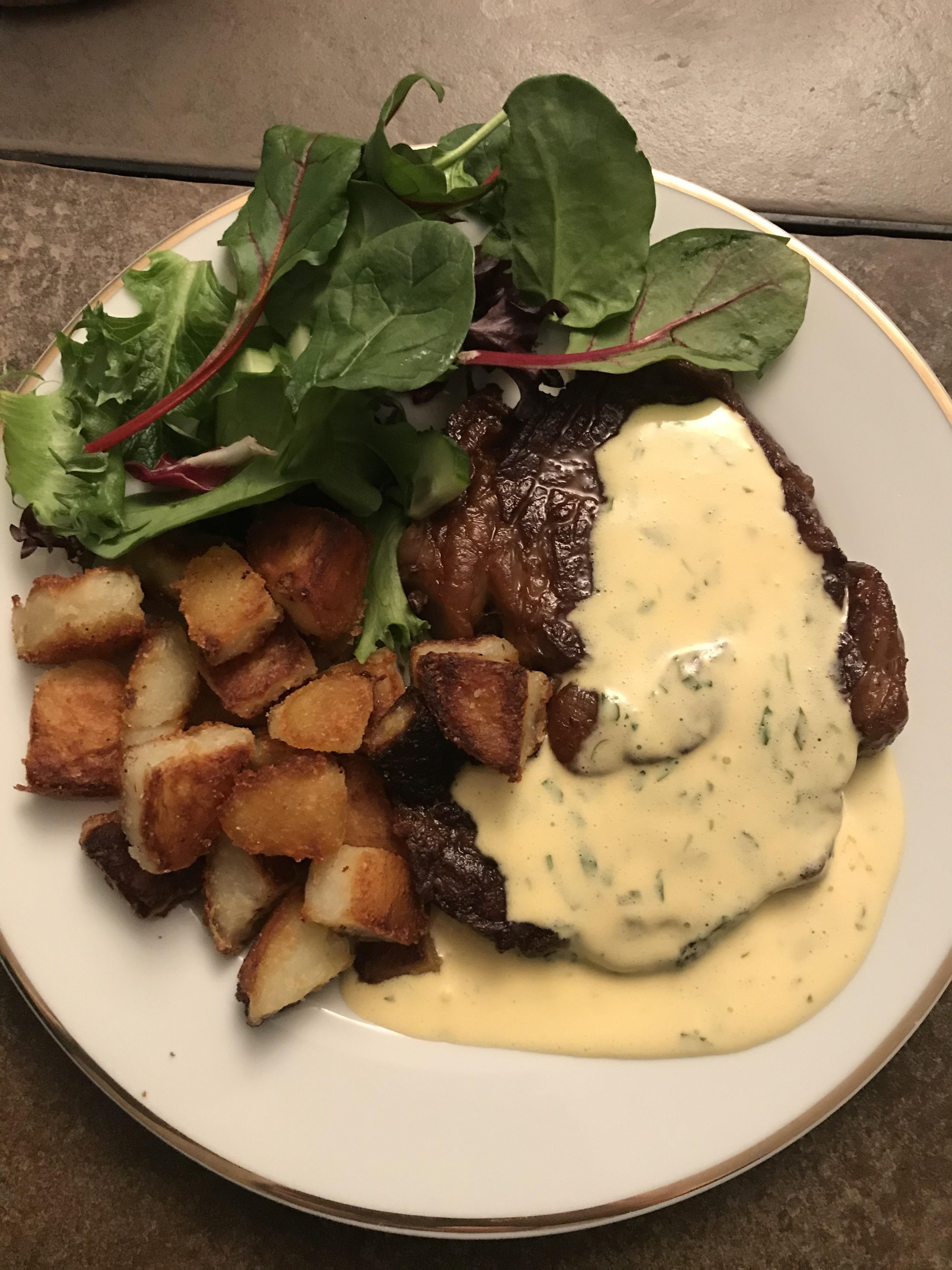 Made Kenji’s pan seared steak, crispy roasted potatoes and fool proof