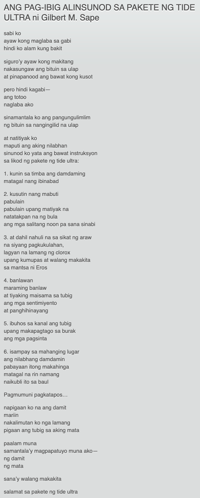 [TULA] Ang Pagibig Alinsunod sa Pakete ng Tide Ultra ni Gilbert Sape