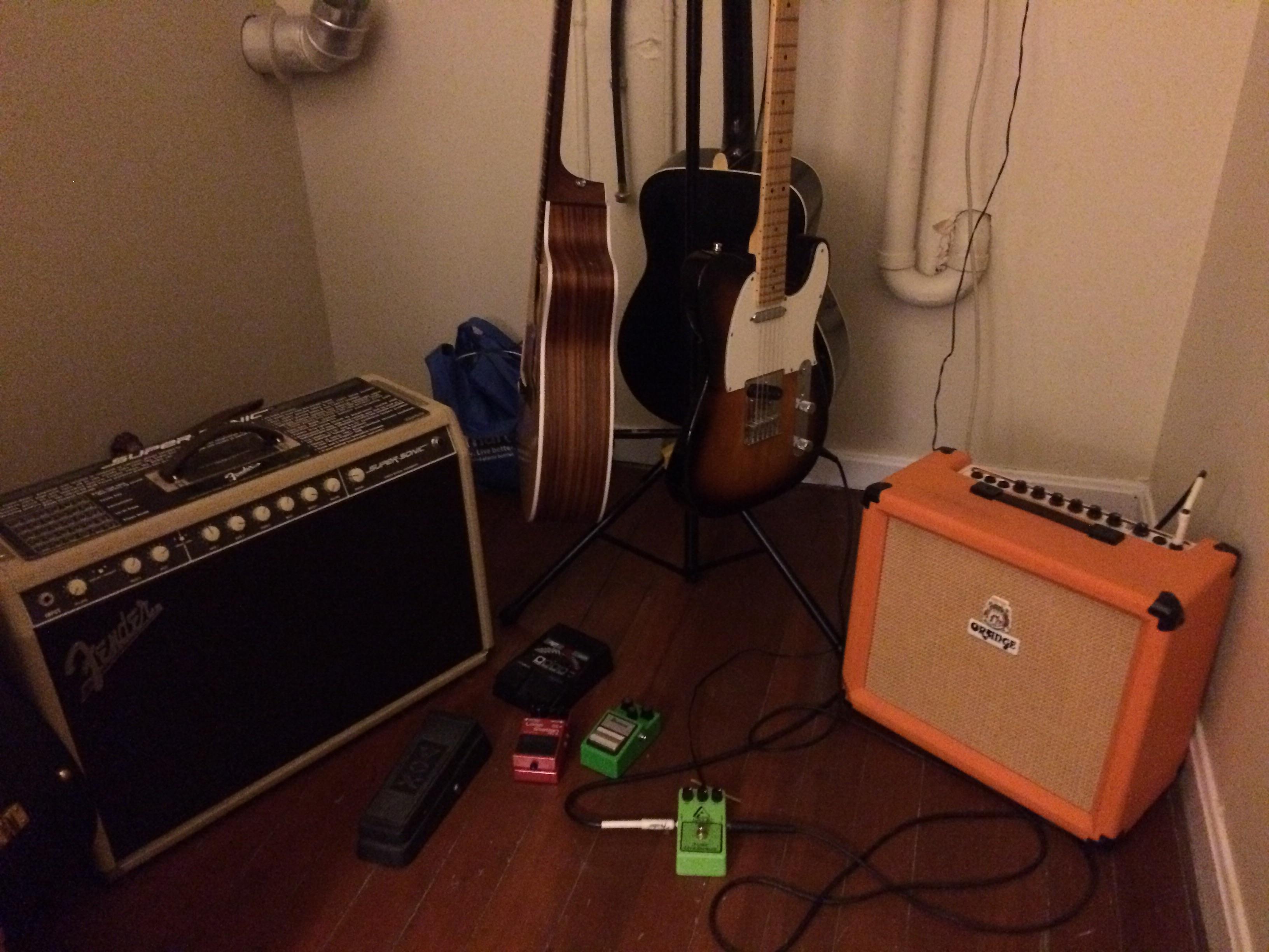 Finally have all of my gear setup in my first apartment. r/guitars