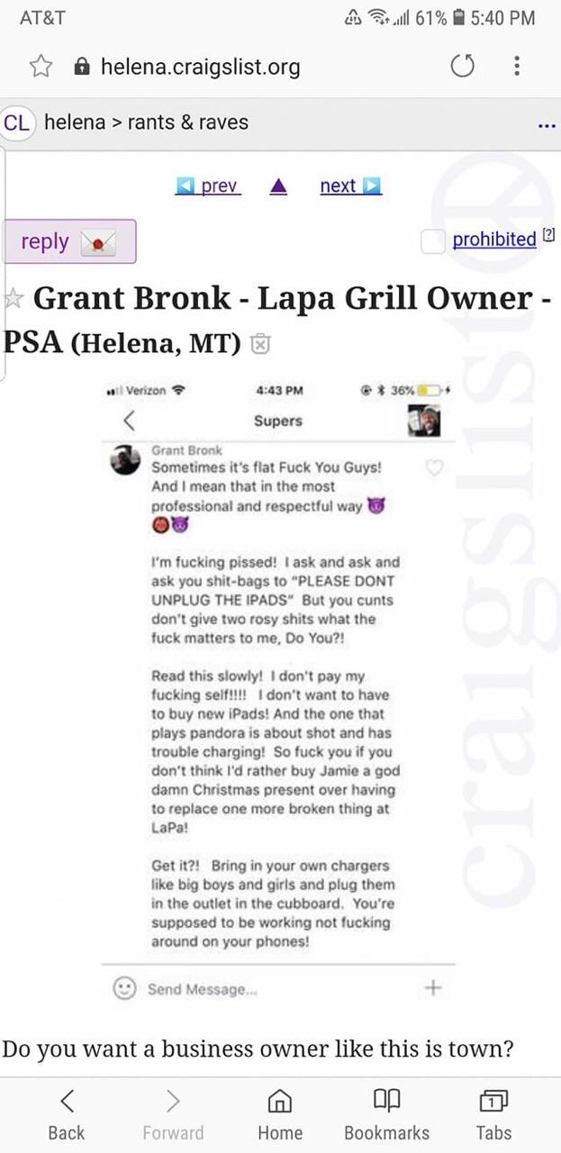 LaPa Grill in Helena, MT. Owner treats his employees to tirades like