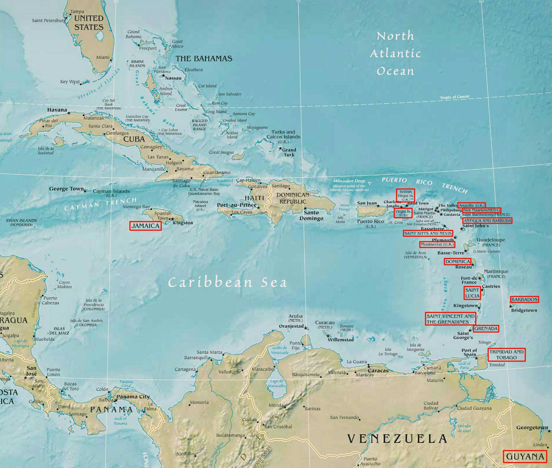 A map of the Caribbean highlighting the countries/territories that form