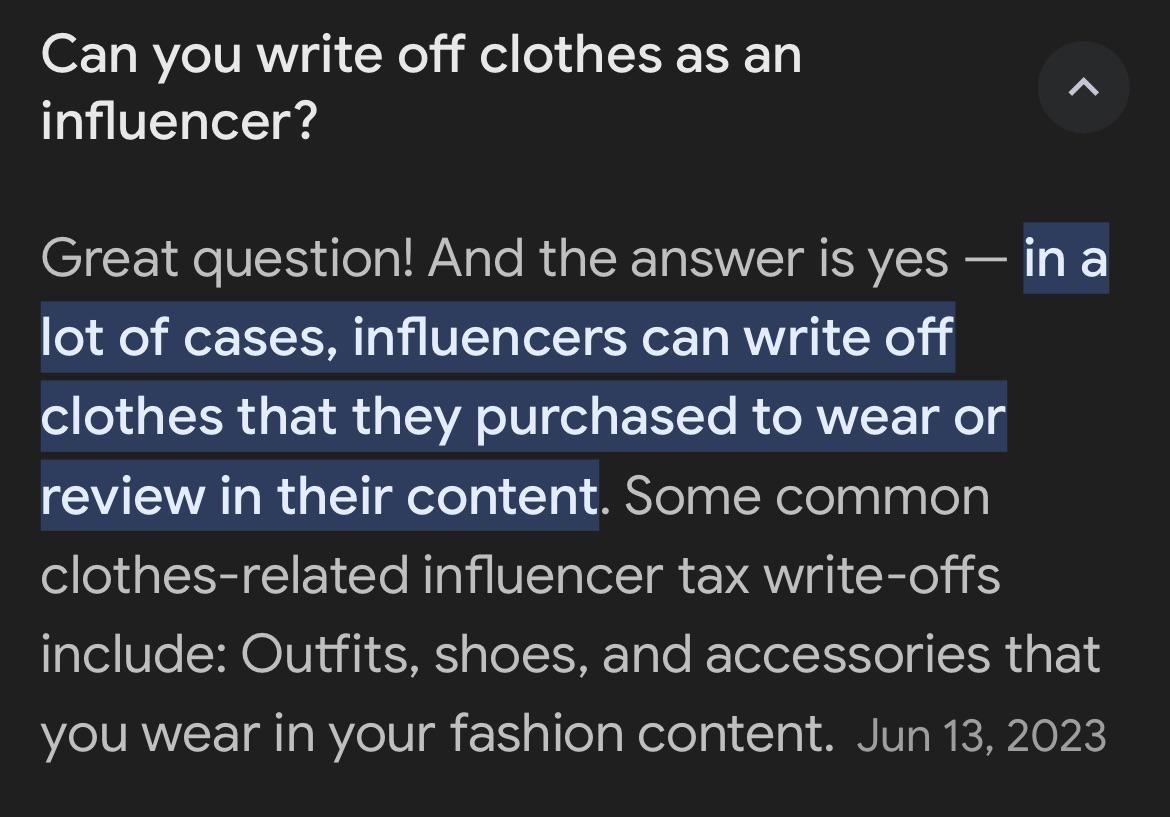 Influencers CAN write off clothing they use on their socials. r