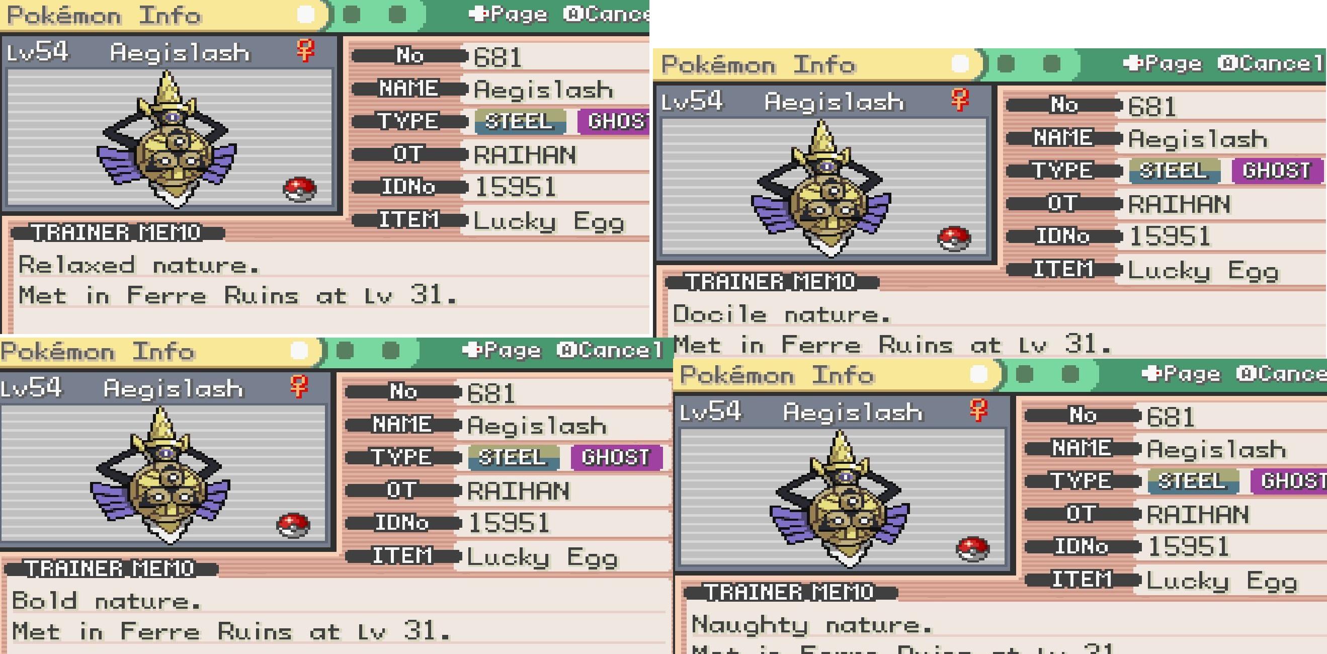 Discovered this bug in Pokémon Gaia. Aegislash's nature changes each
