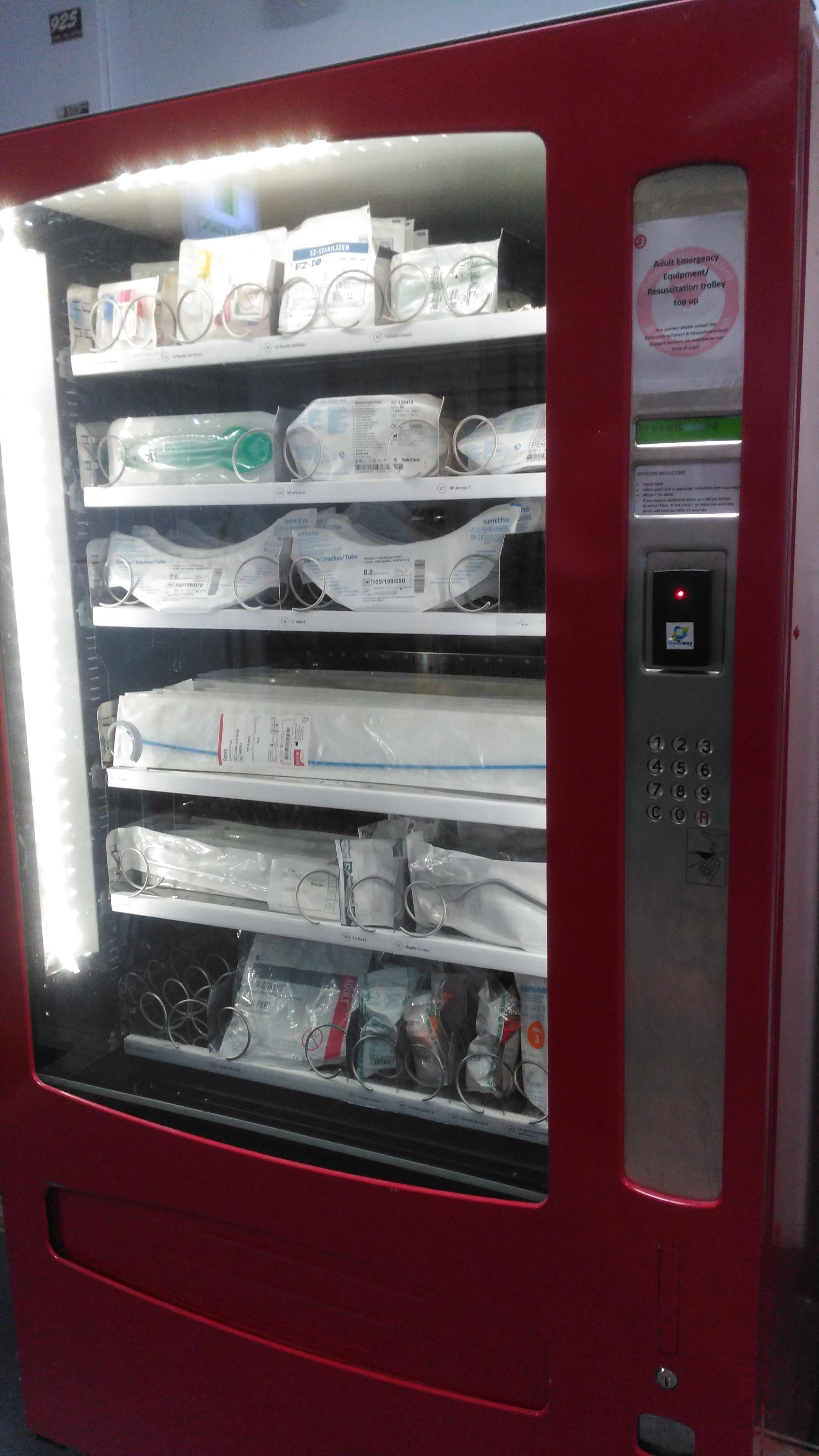 A vending machine for hospital staff containing emergency medical