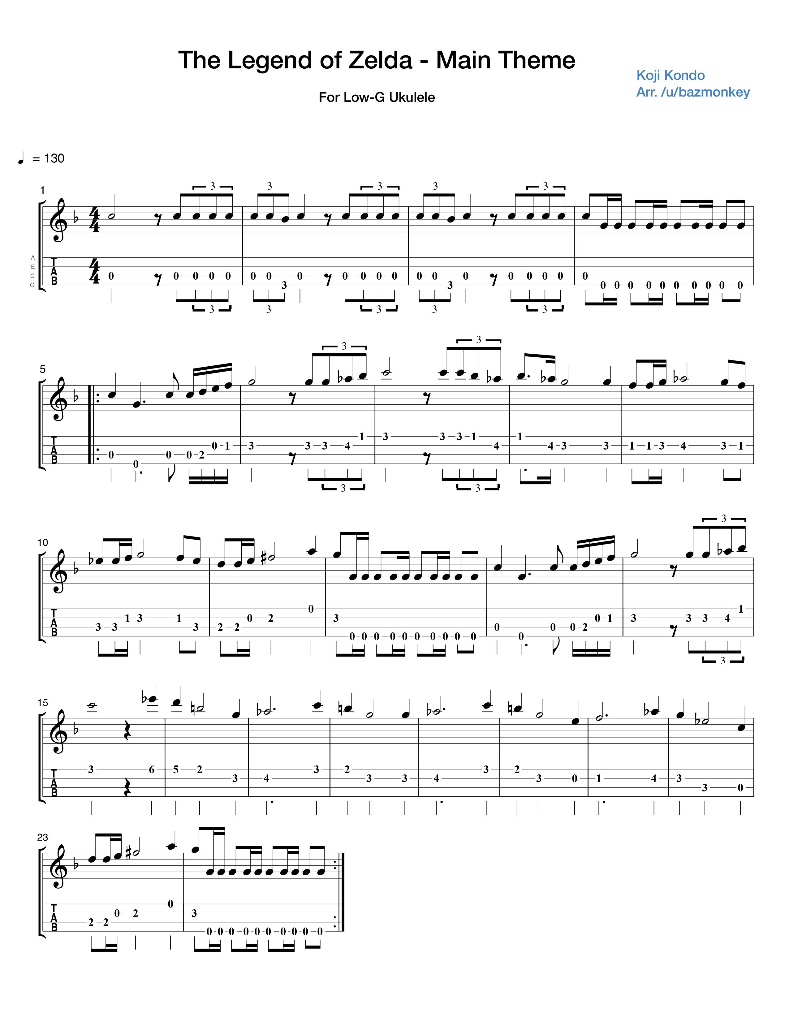 Zelda Main Theme, transposed for Low G (music & tab) r/ukulele