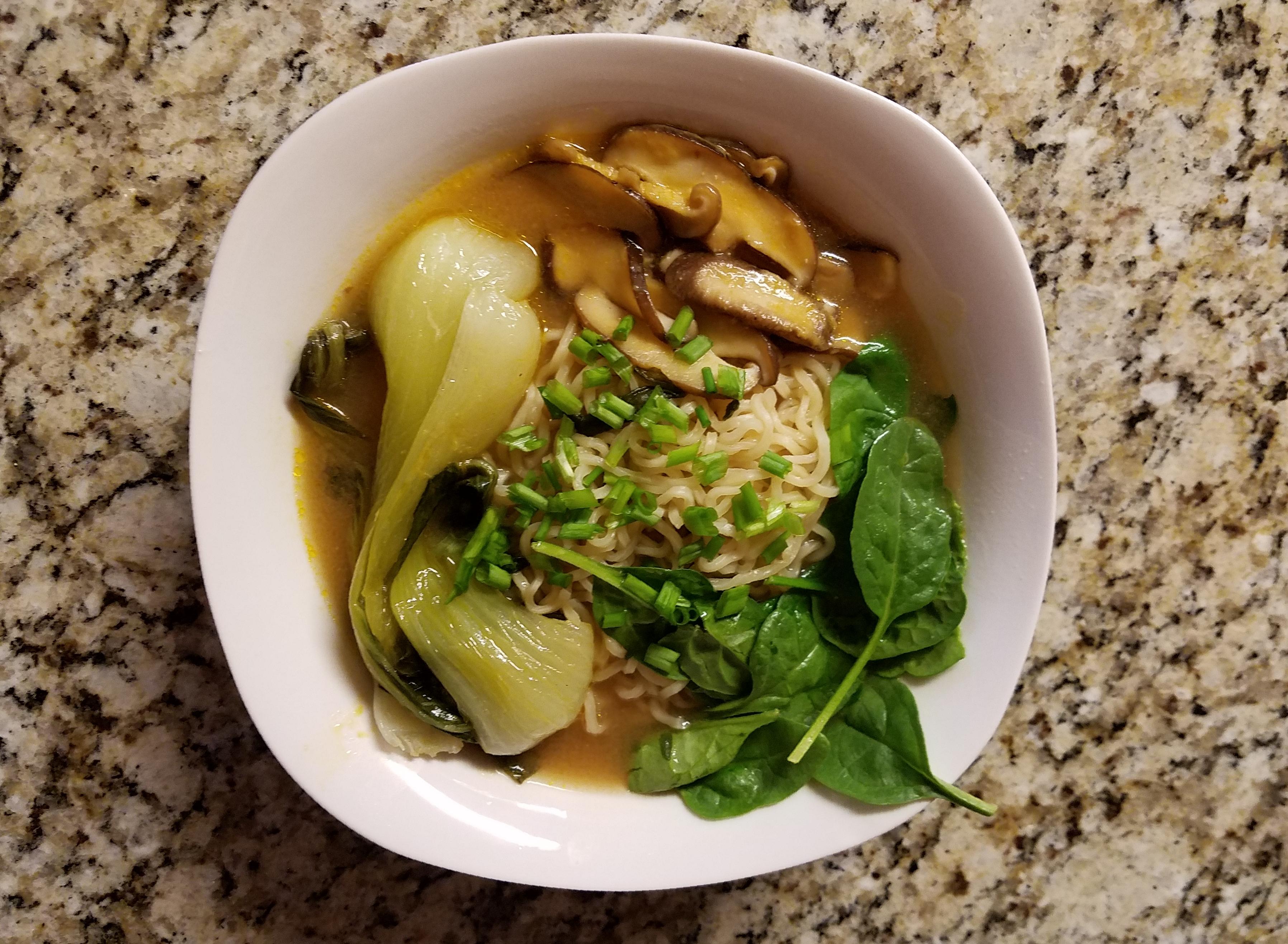 [HOMEMADE] Top Ramen noodles with miso, bok choy, and shiitake