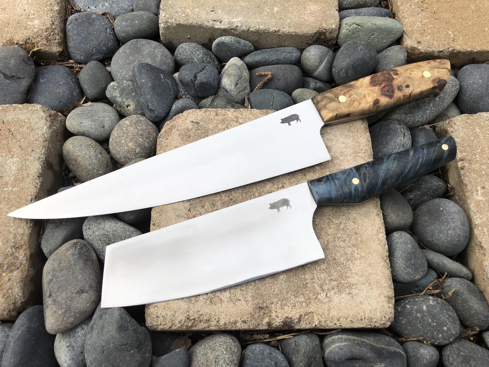 A his and her’s set I just finished. Both 52100, 62 hrc, buckeye Burl