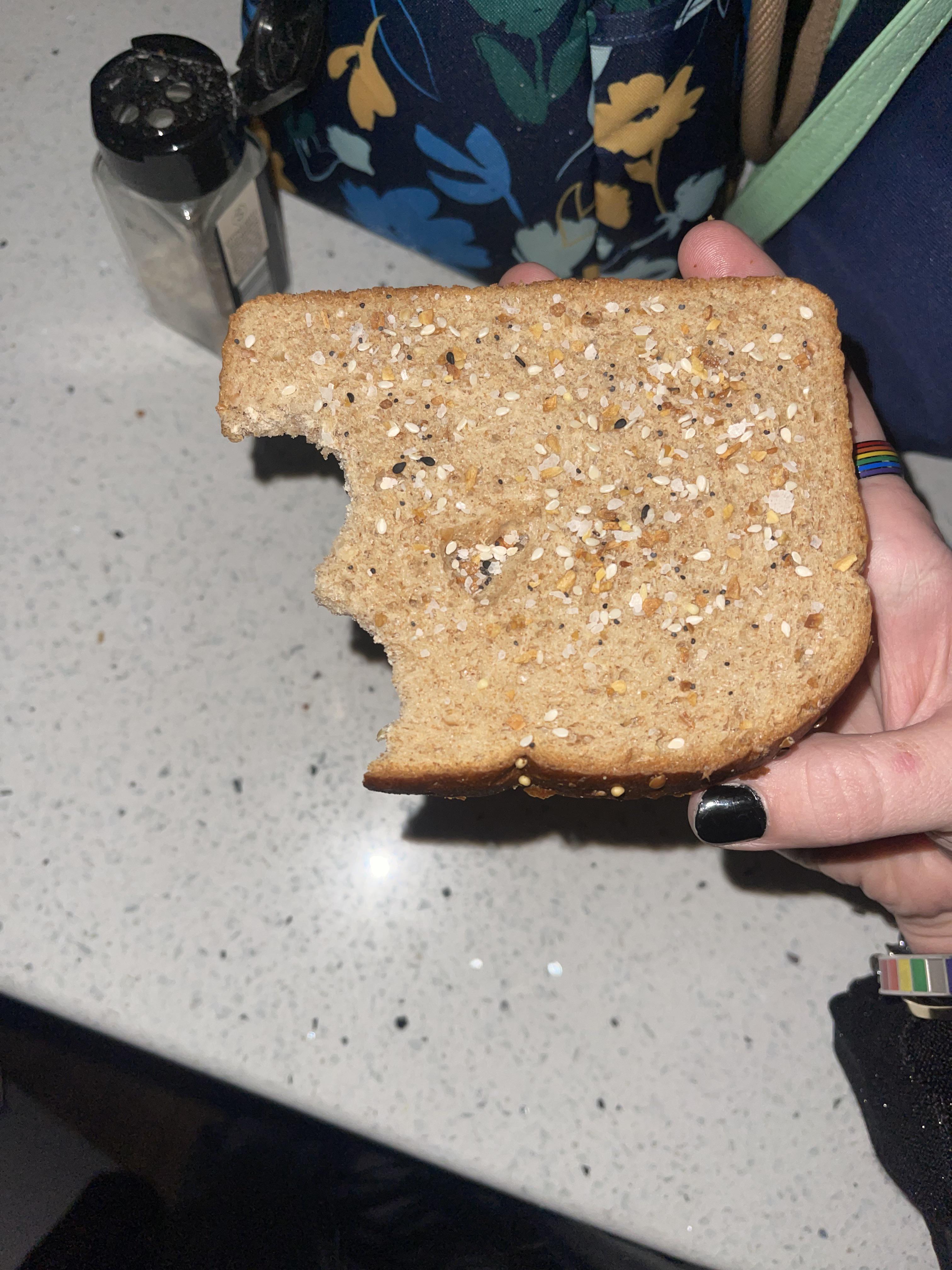 Untoasted bread with just everything bagel seasoning on it, drunk at 3