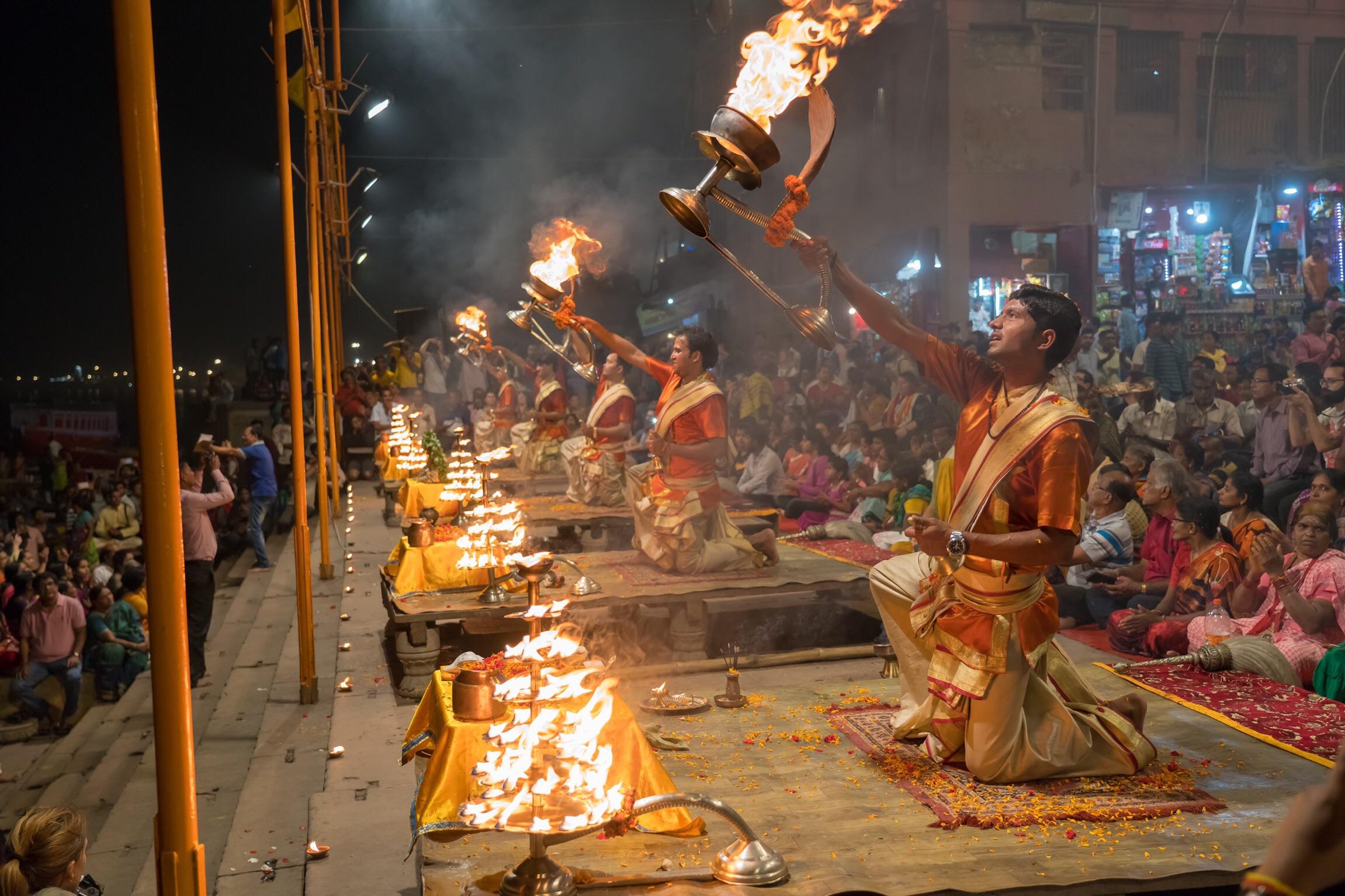 Ganga aarti in Varanasi, India. A devotional ritual that uses fire as