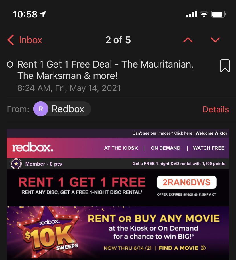 Rent 1 Get 1 Free Deal r/Redbox