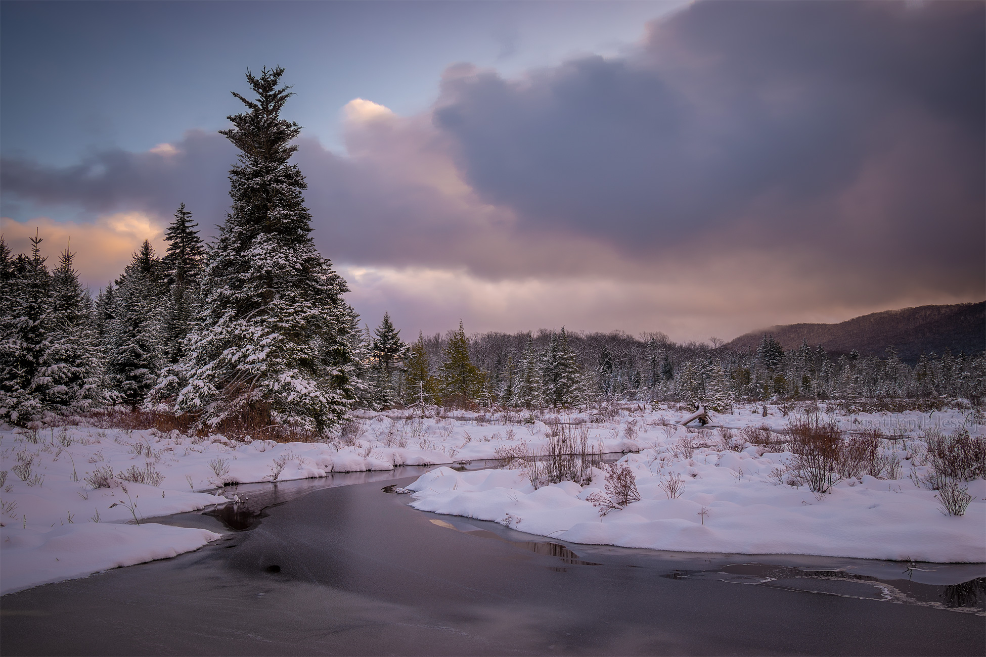 A snowy river and bog in the West Virginia Highlands, USA [OC