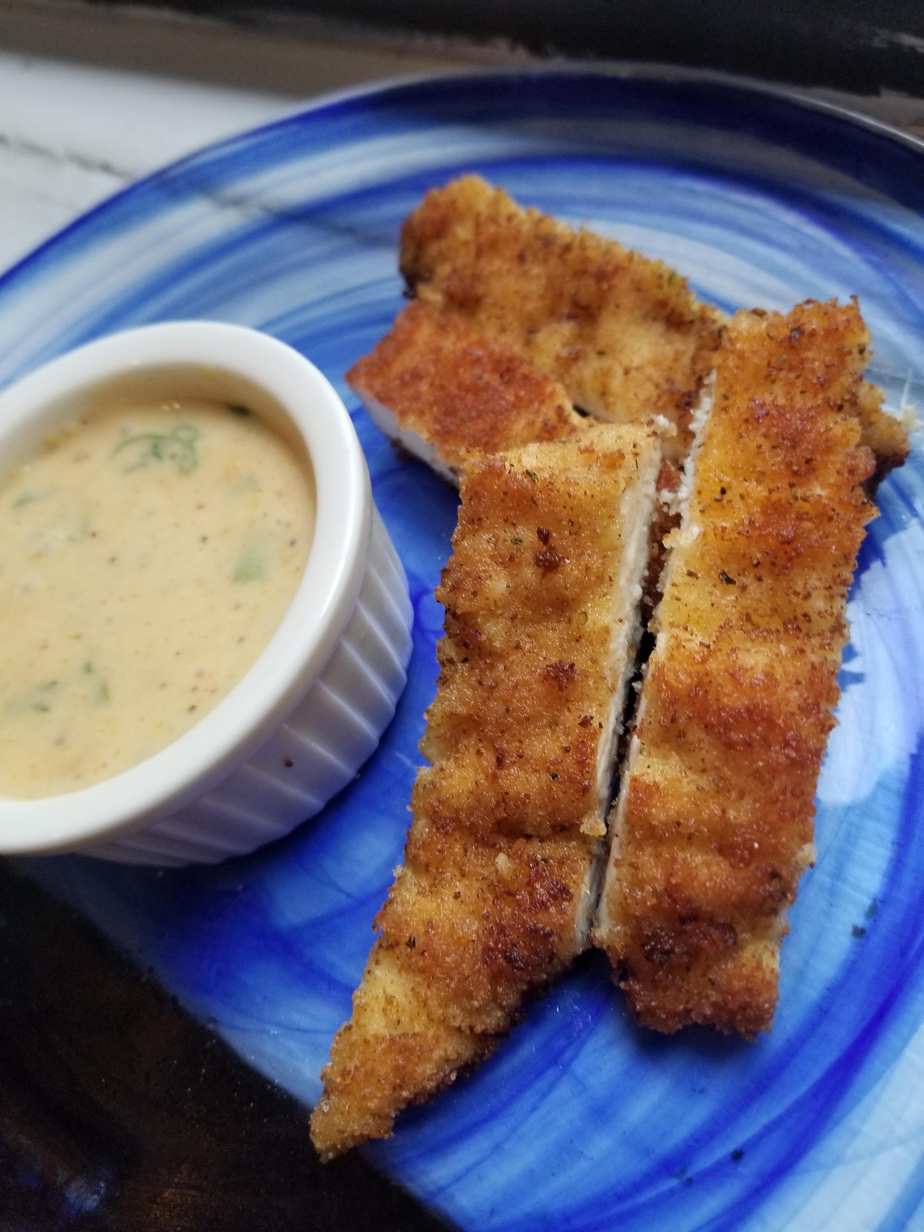 [Homemade] chicken strips w/ cheesey dipping sauce r/food