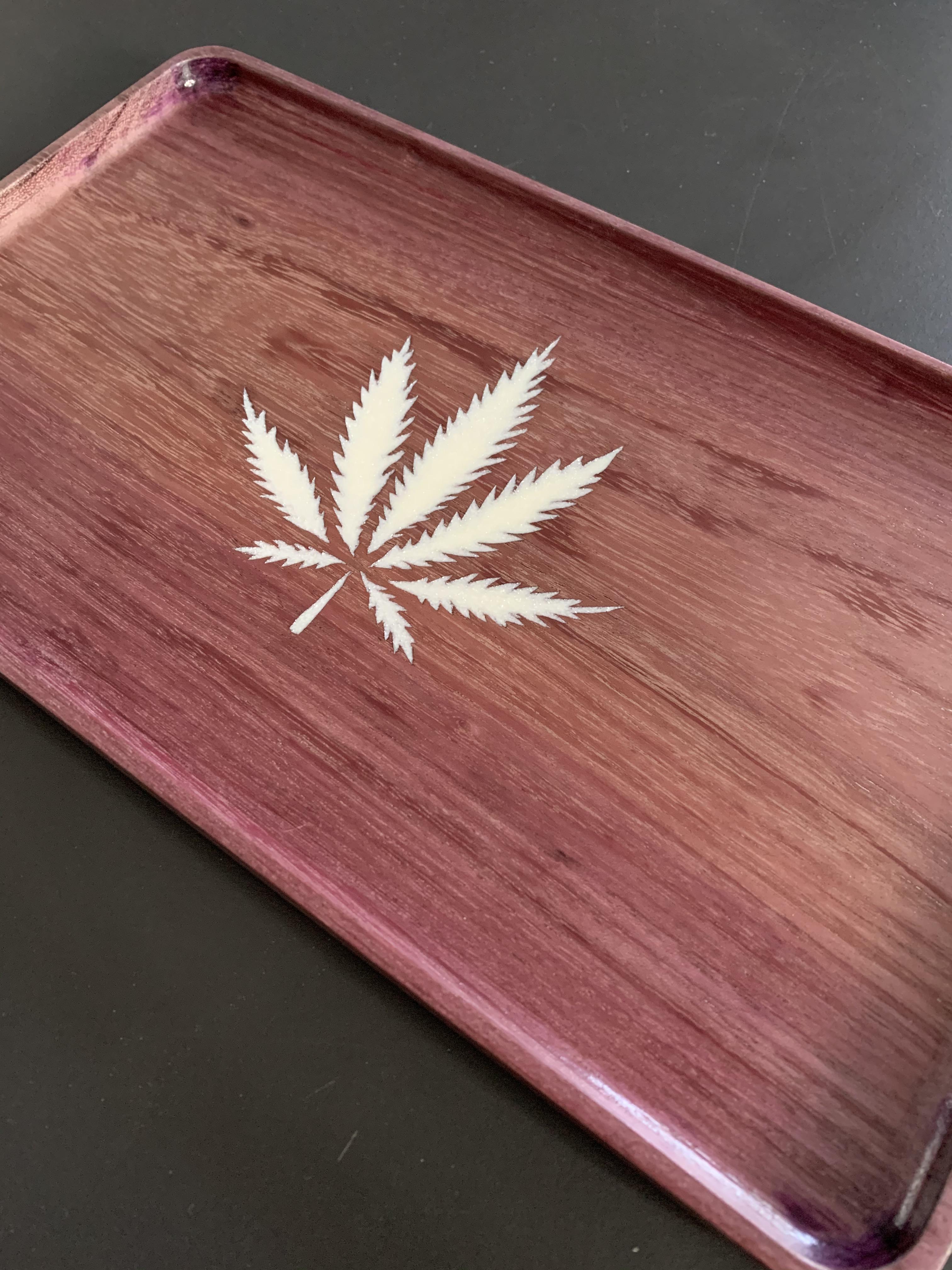 Made a Purple Heart rolling tray with a hand engraved white epoxy inlay