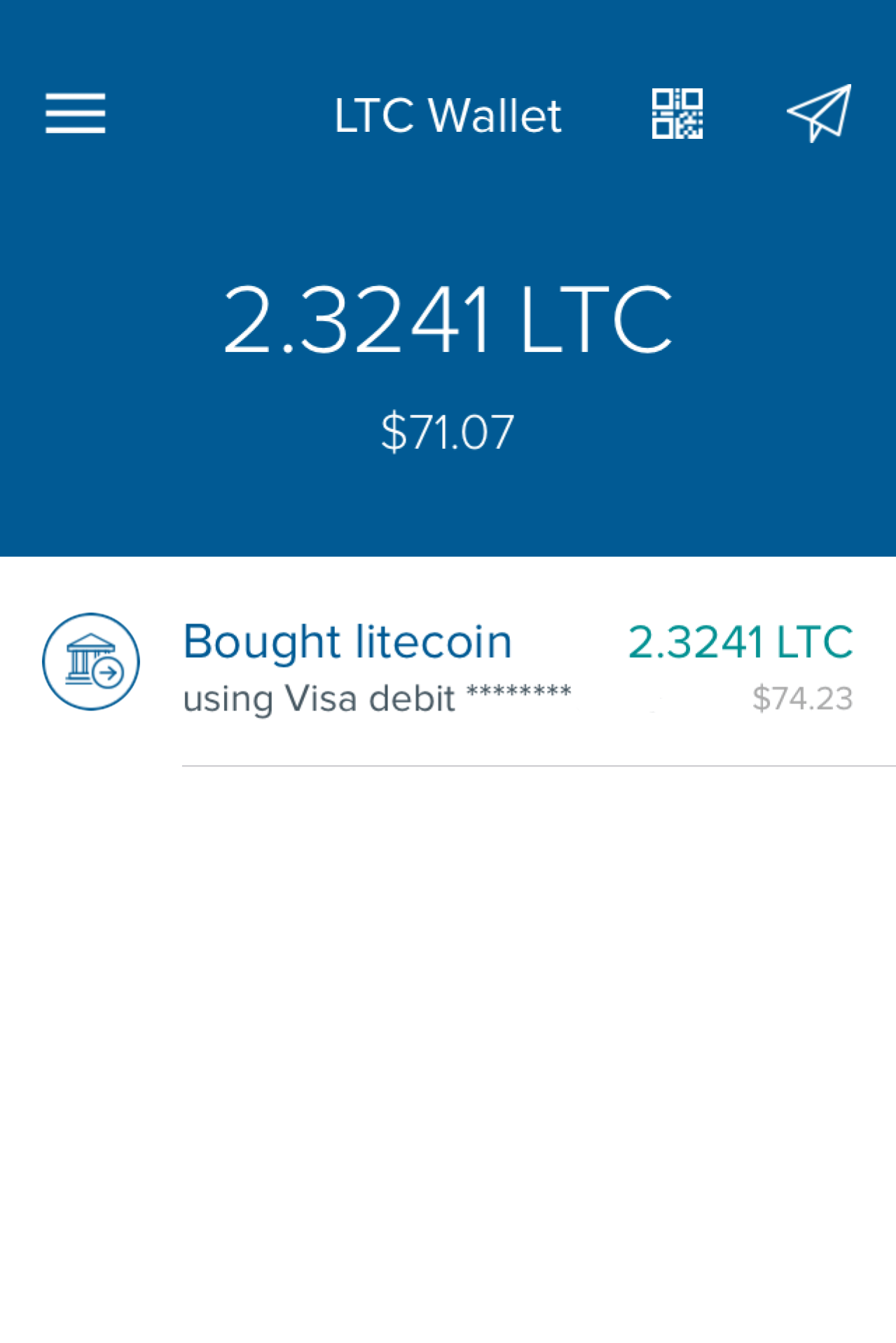 Well... 2.3241 LTC because 100 limit on Coinbase... and Canadian fX