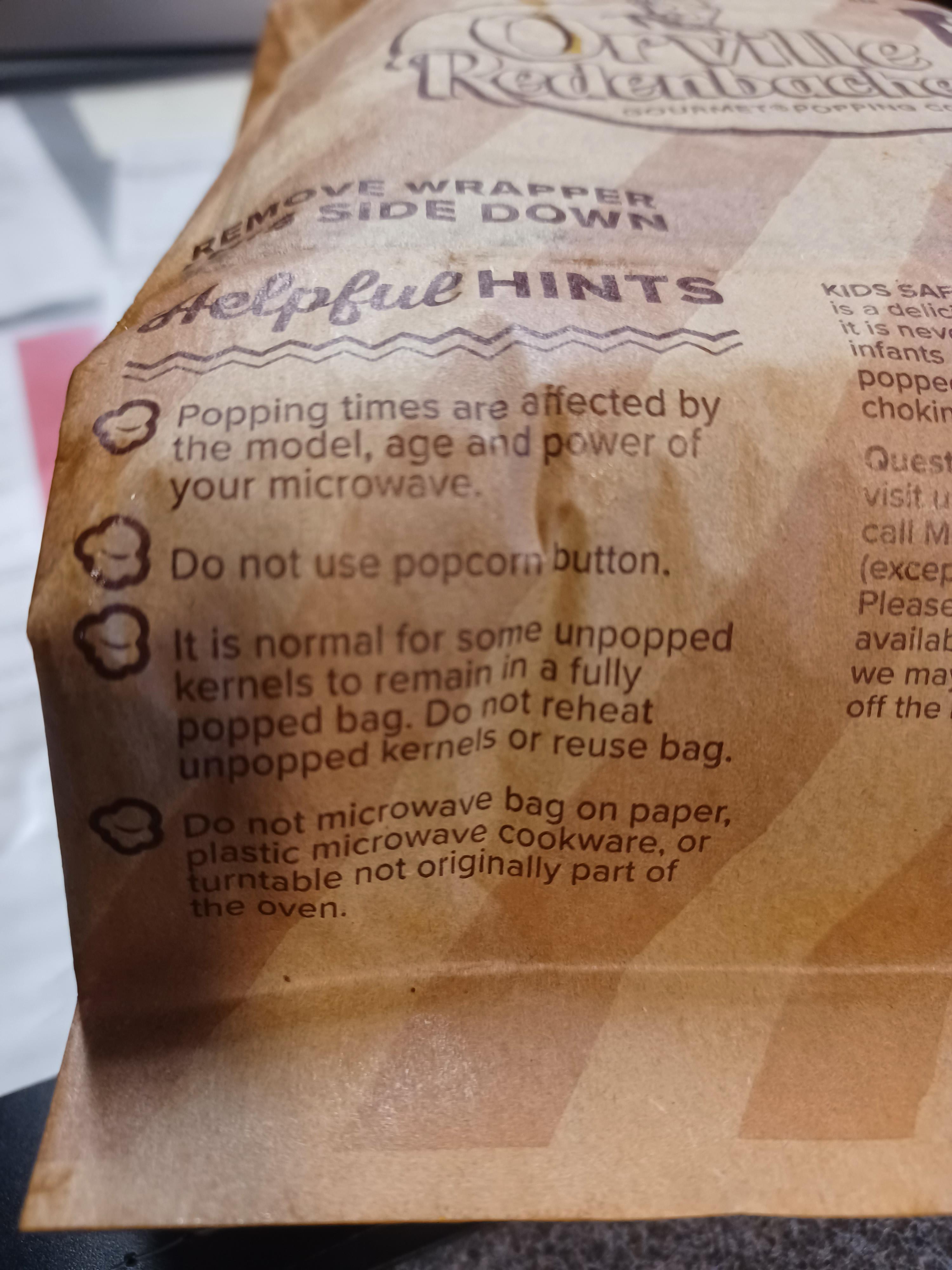 My popcorn bag specifically says not to use popcorn button on microwave