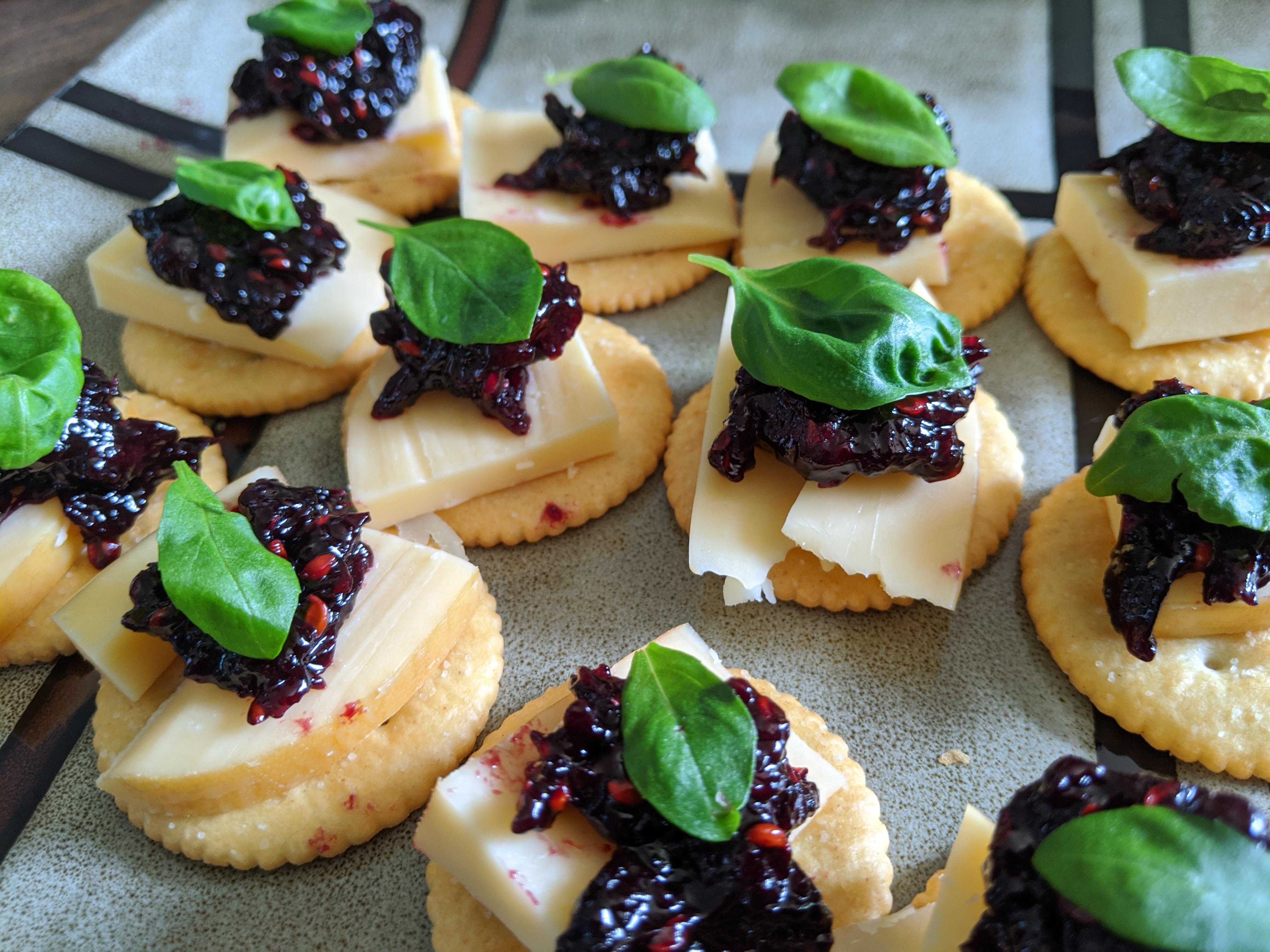 [Homemade] Smoked Gouda, Homemade Juneberry Jam, and Basil Hors D'oeuvres r/food