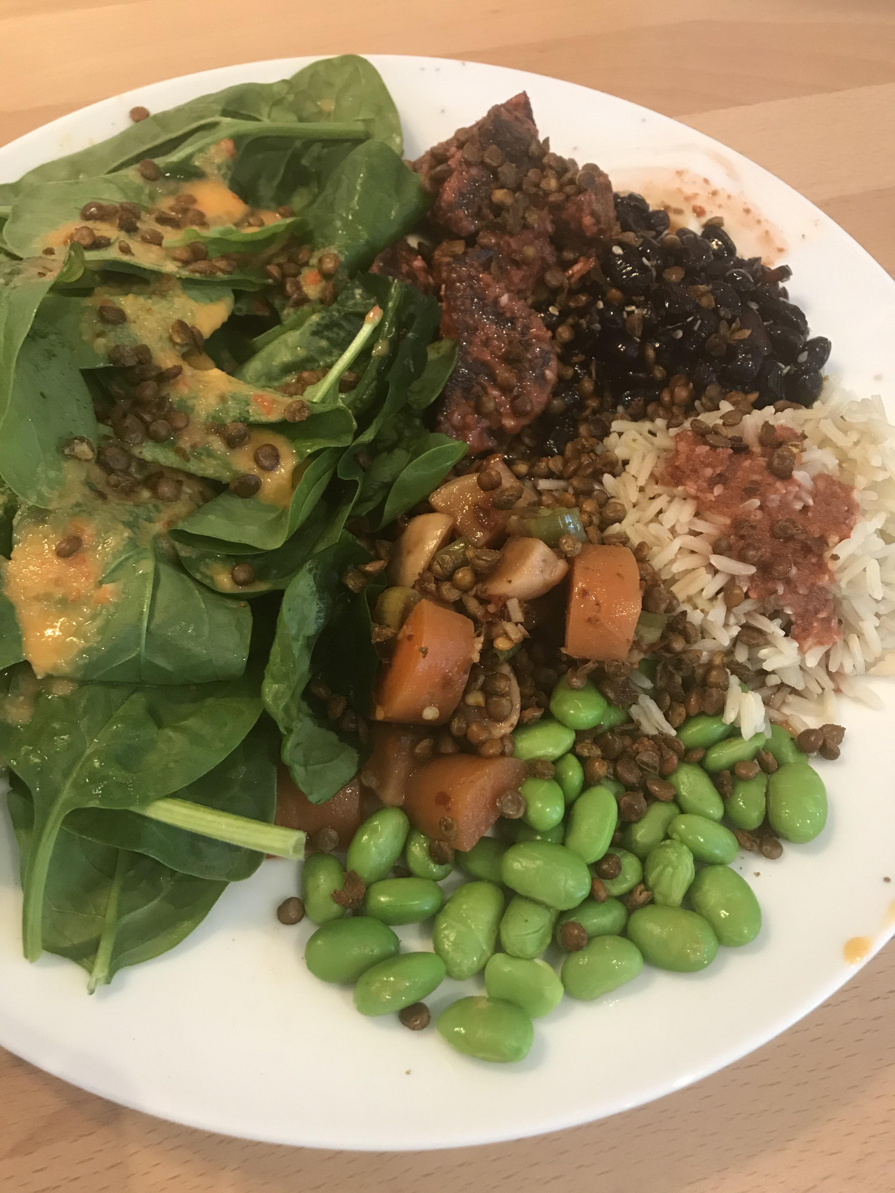 Bulgogi style beets, Korean black beans, homemade kimchee, edamame, and