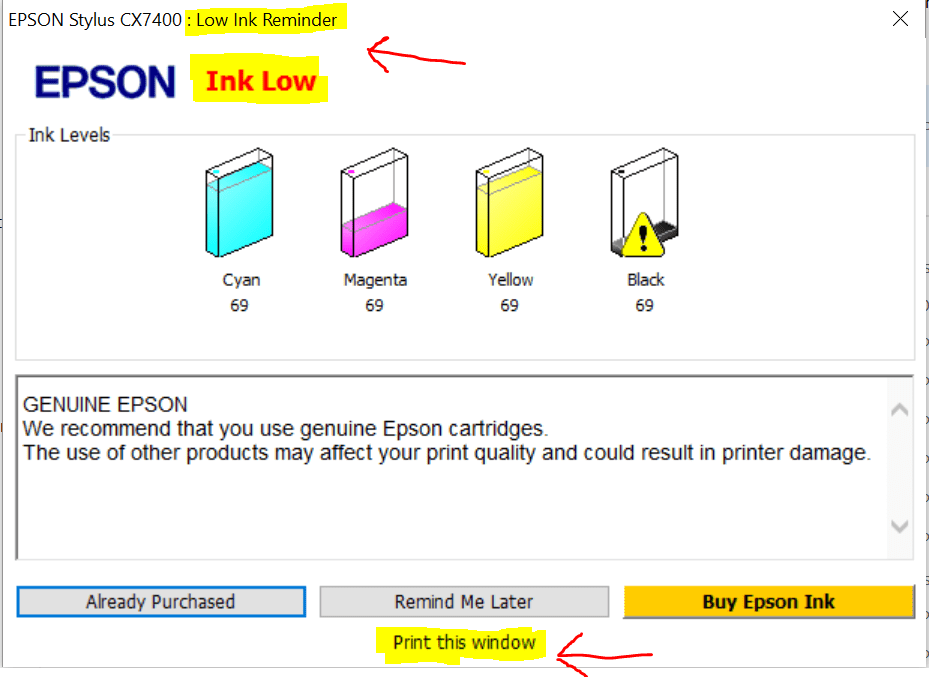 I'd LOVE to print the lowink warning/reminder! Thanks, Epson! (xpost
