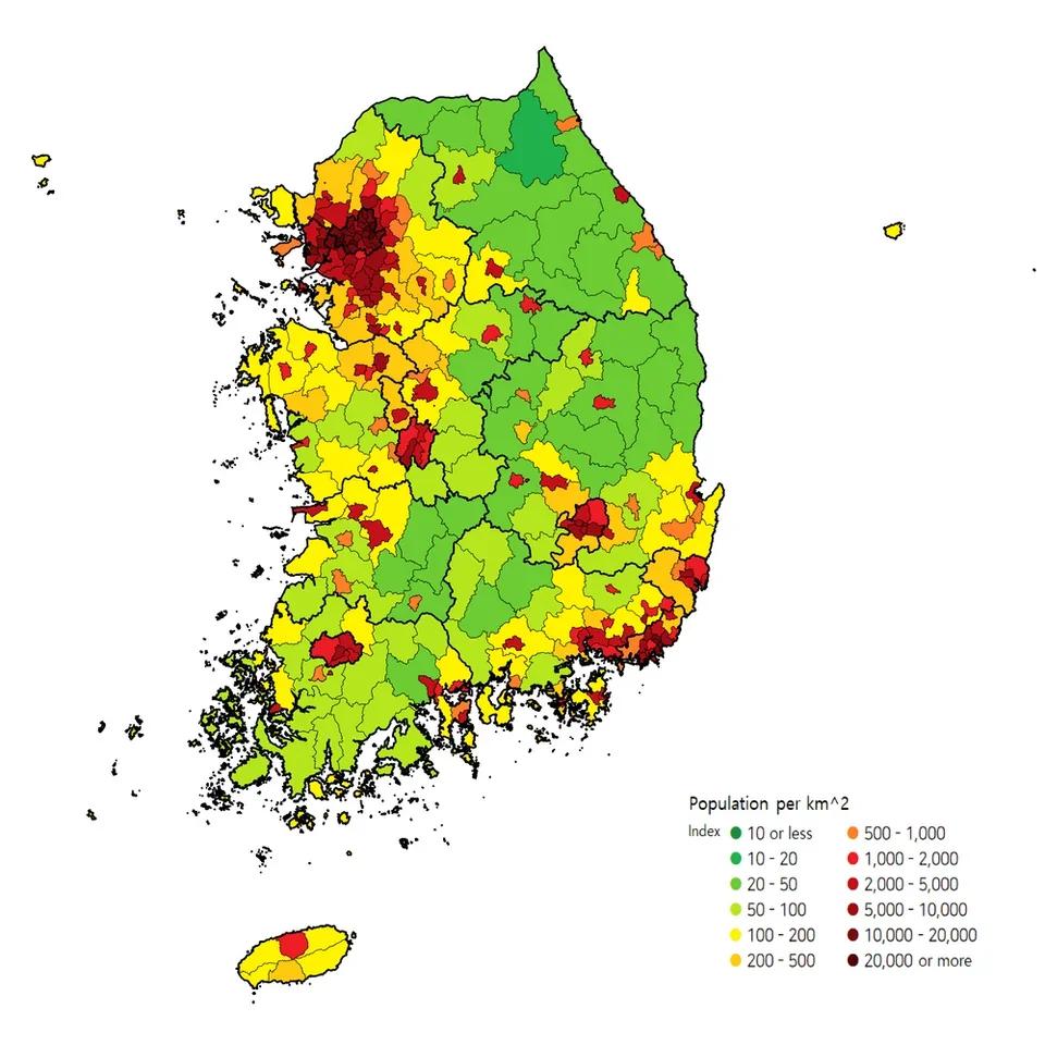 population density of south korea r/MapPorn