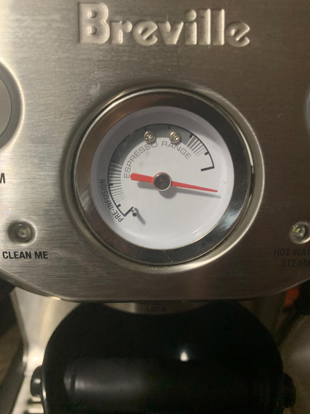 Breville Infuser, pressure gauge needle stays in this position, no
