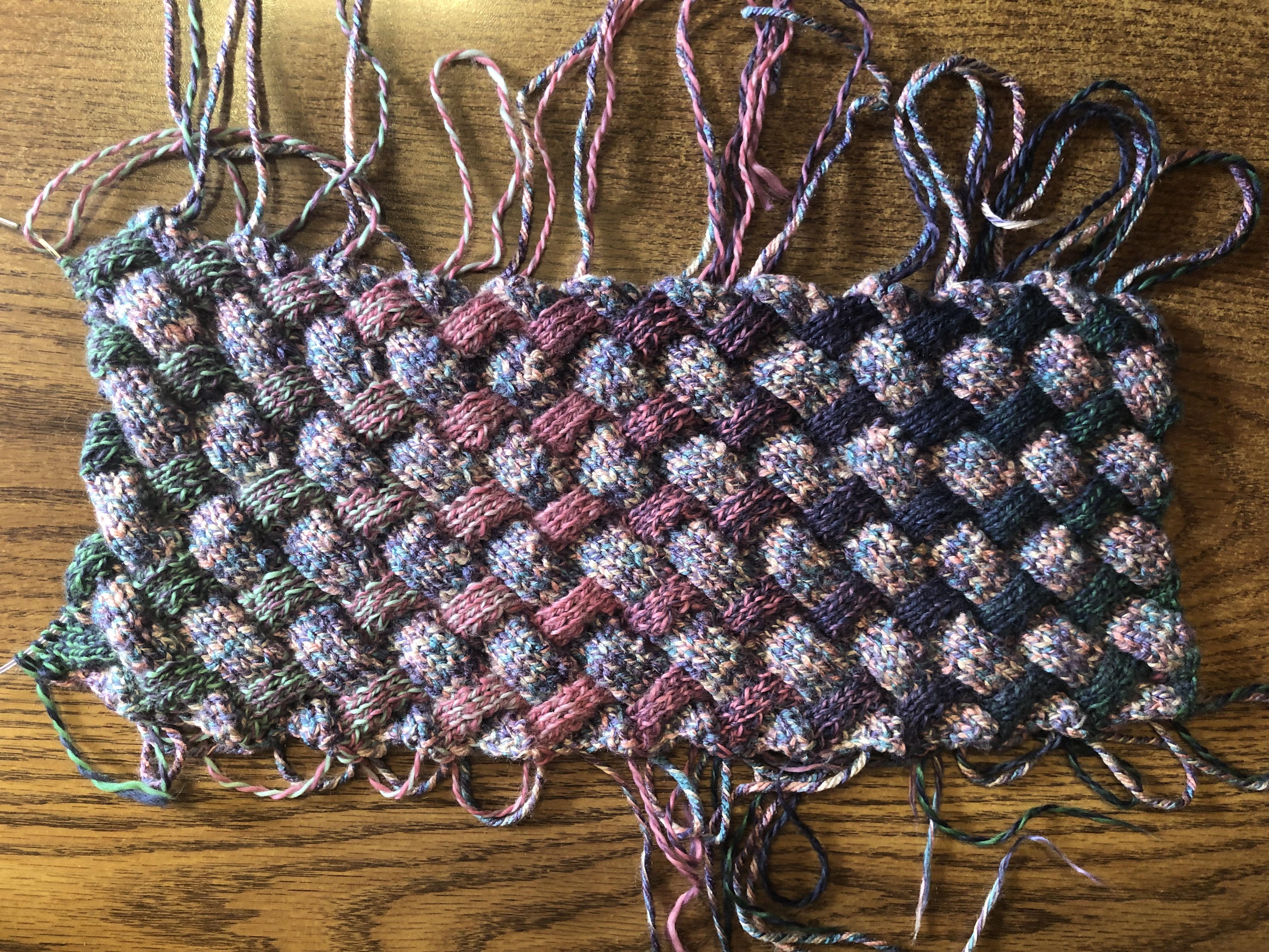 Grabbed some random yarns I had on hand to practice entrelac knitting