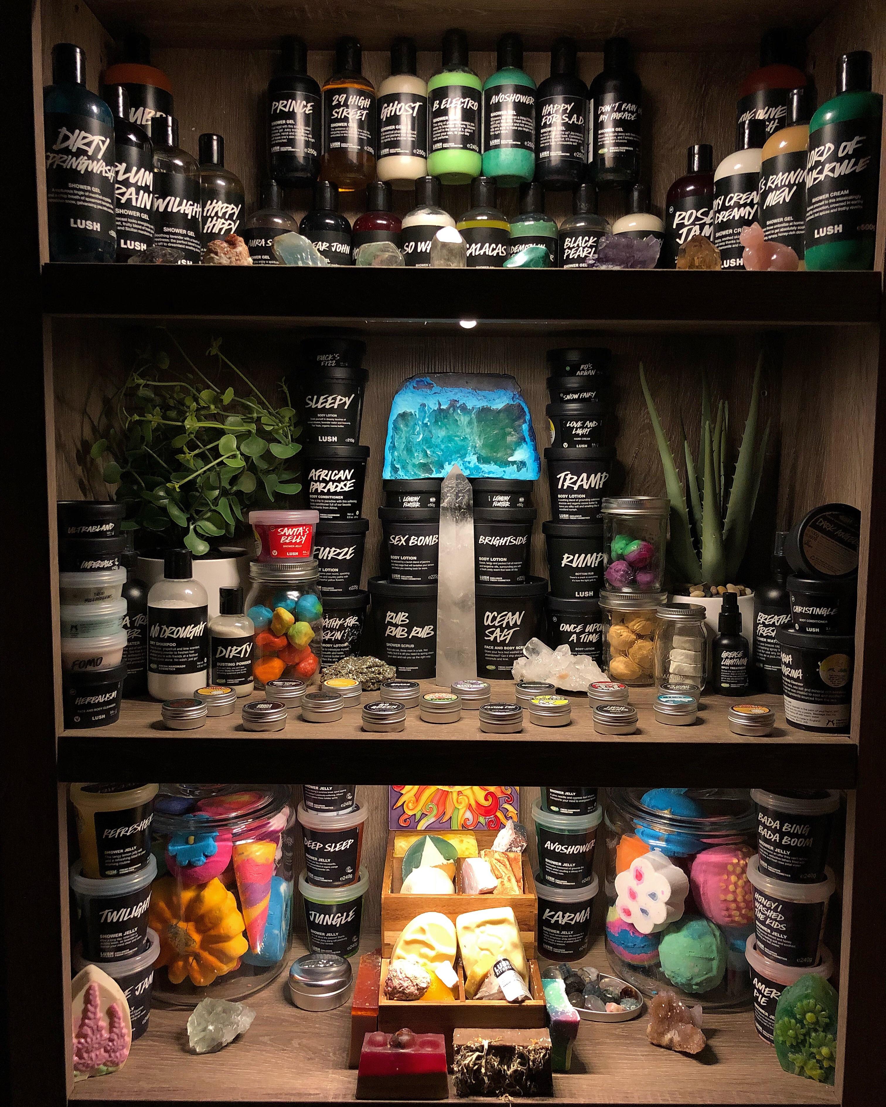 I redid the upper shelves of my Lush today! r/LushCosmetics