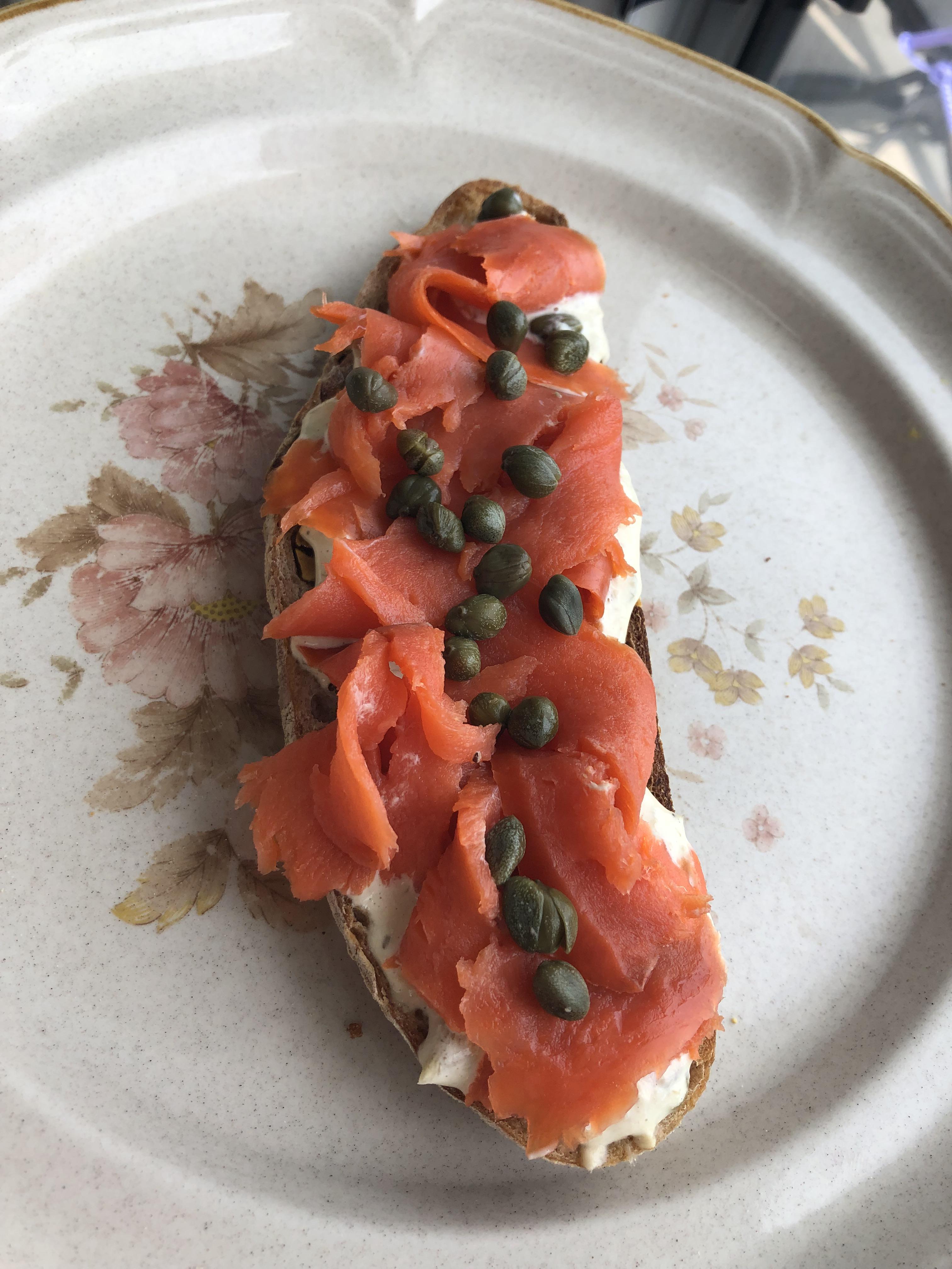 Smoked salmon and cream cheese on homemade sourdough with capers r