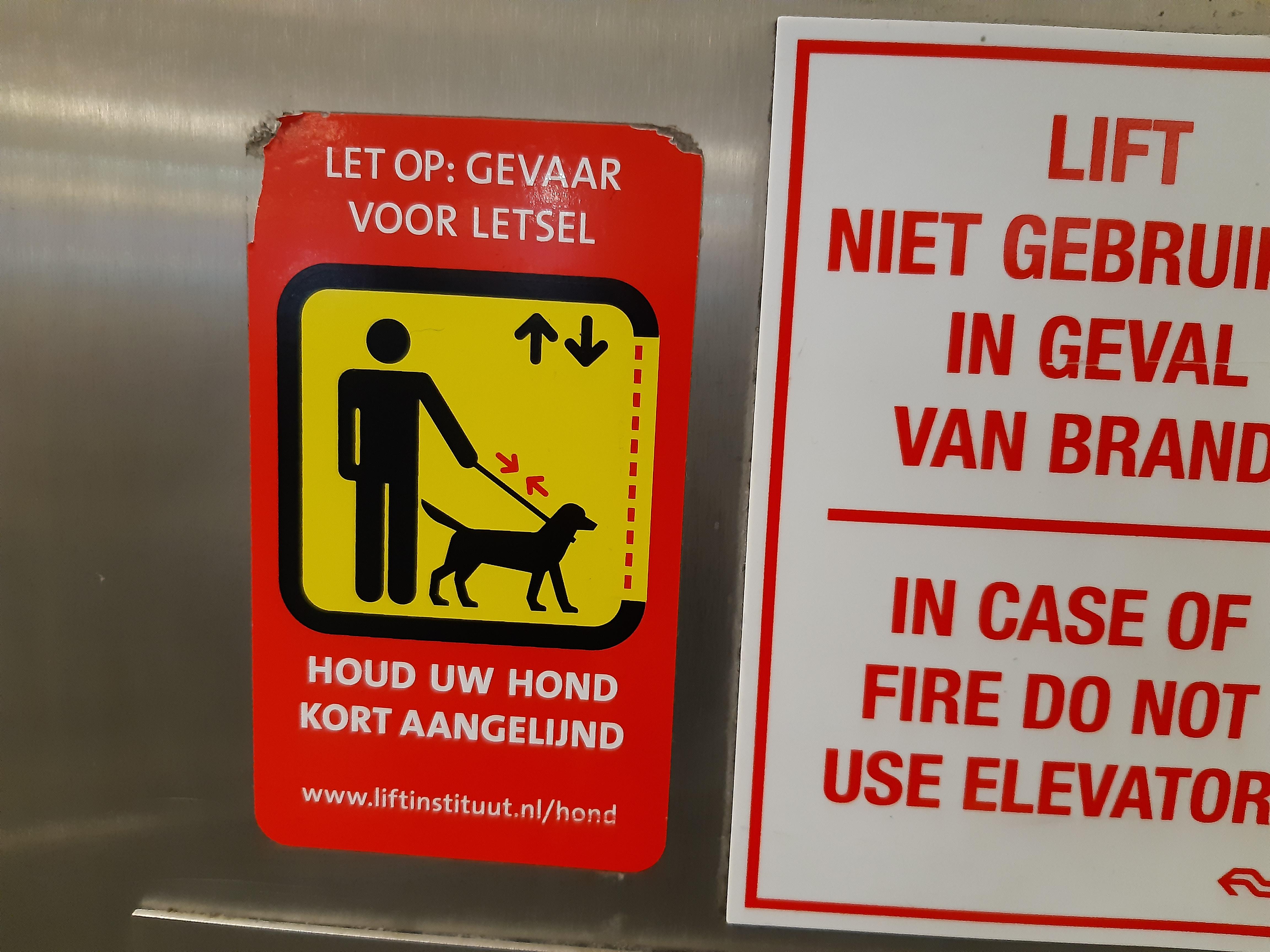 Seen on lift doors "BEWARE! Danger of serious injury. Keep your dog on