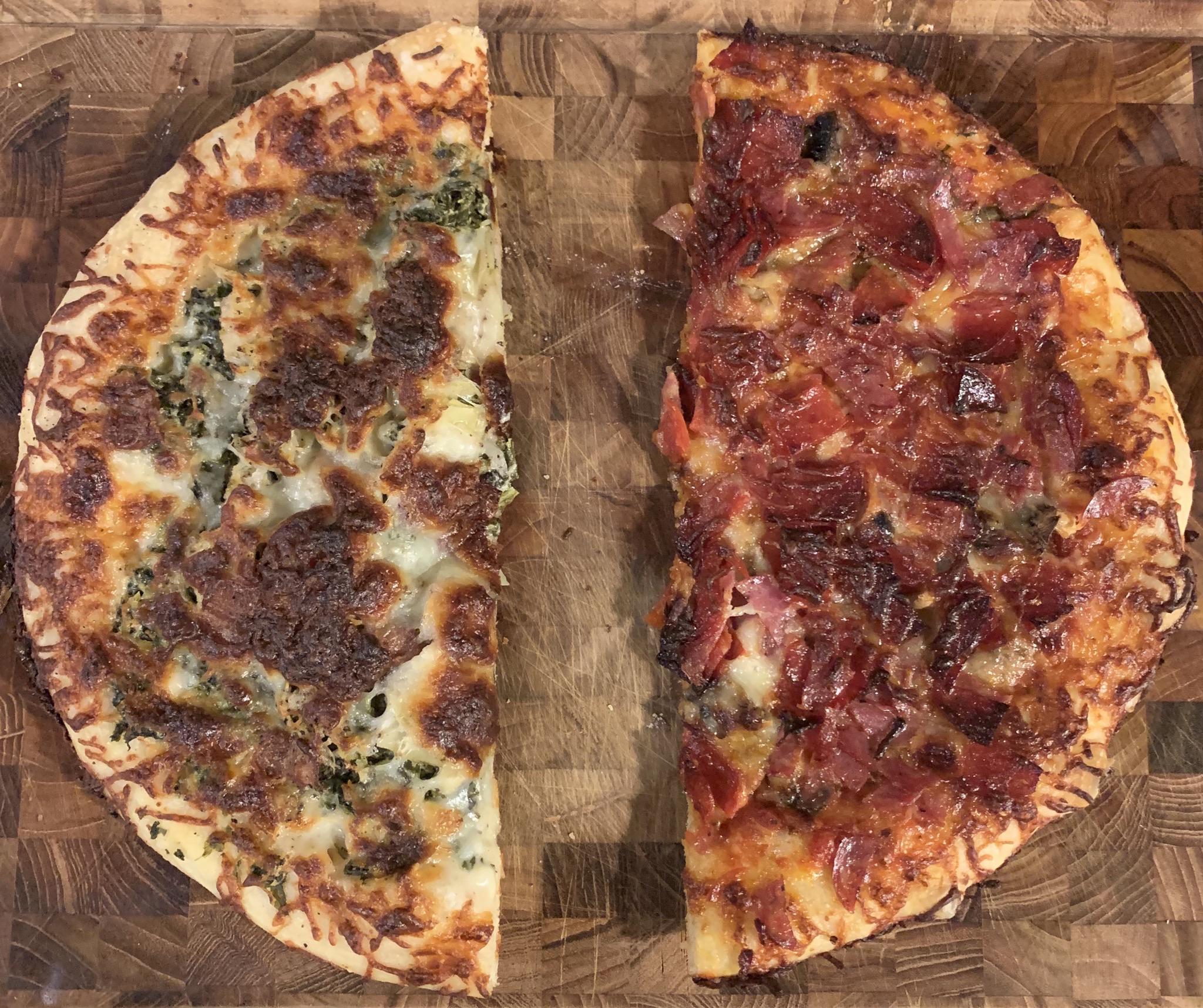 Alfredo sauce with spinach, artichoke hearts, and bacon; and red sauce