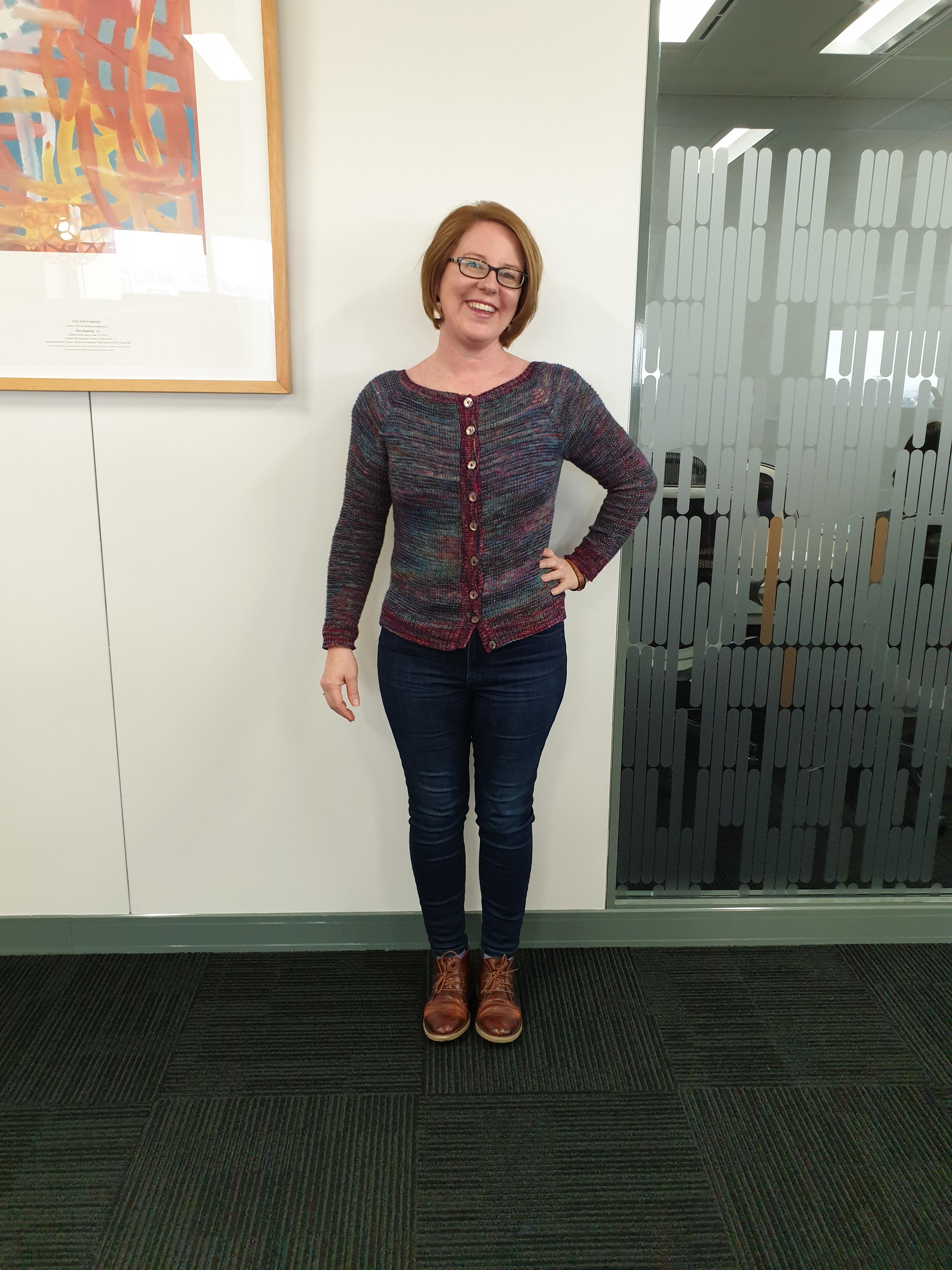 Finished Flax Light sweater by Tin Can Knits. Yarn is Malabrigo