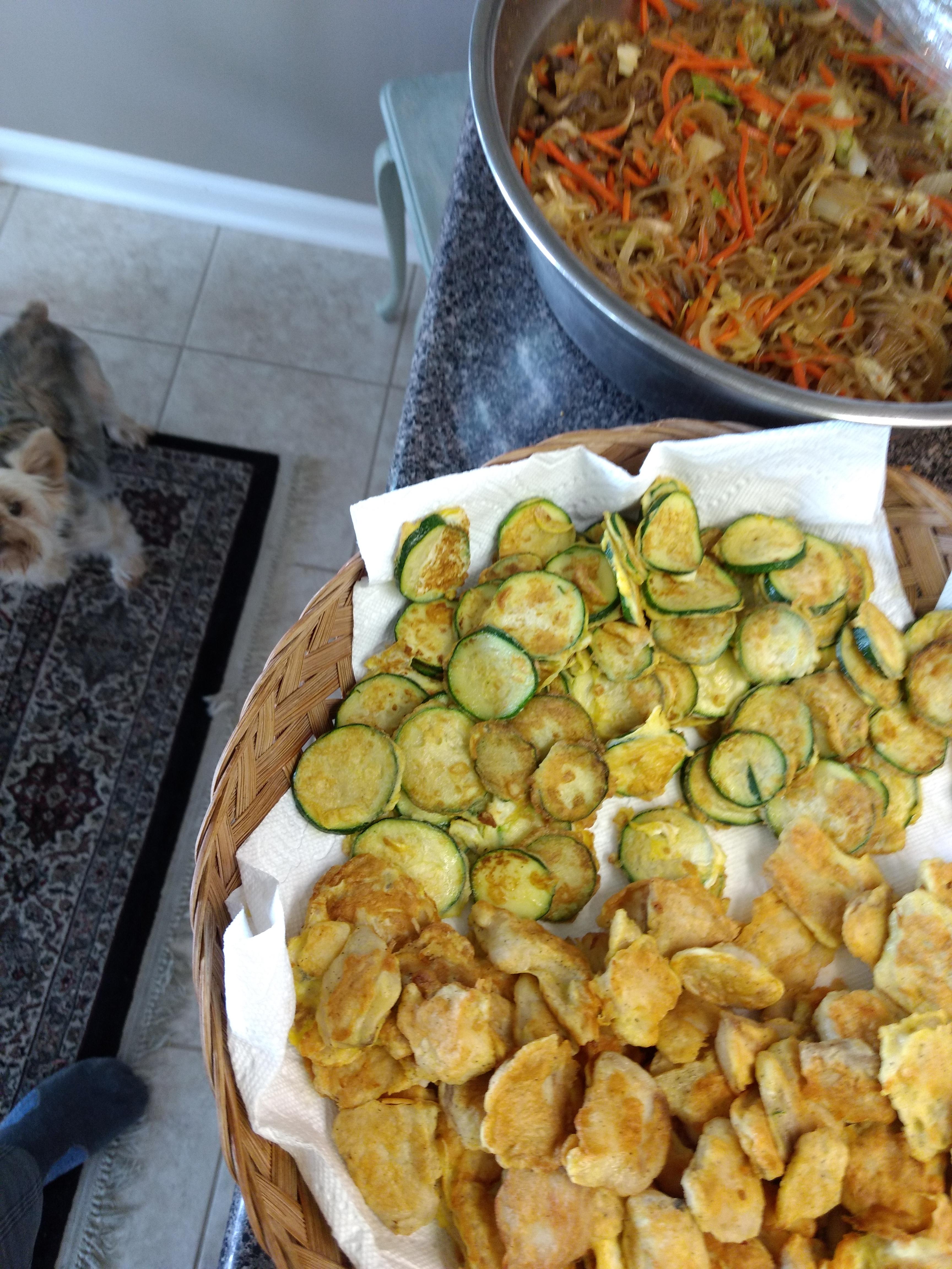 Fried tilapia, fried zucchini, and japchae (Korean noodles) r/TastyFood