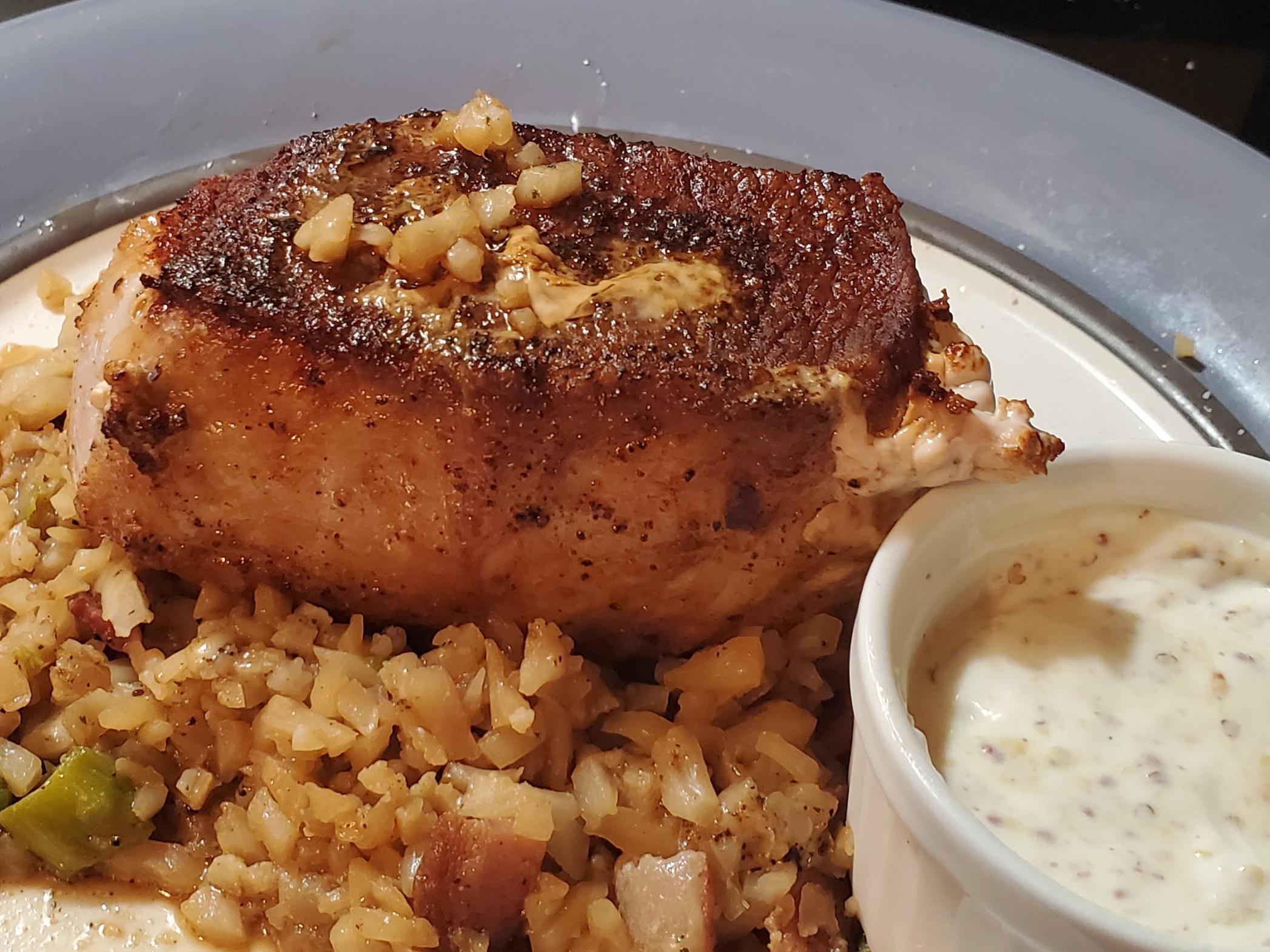 Butcher block pan seared (in coconut oil) boneless pork chop over riced