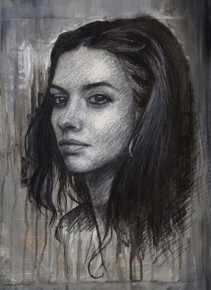 Selfportrait sketch, charcoal and china marker on acrylic wash r/drawing
