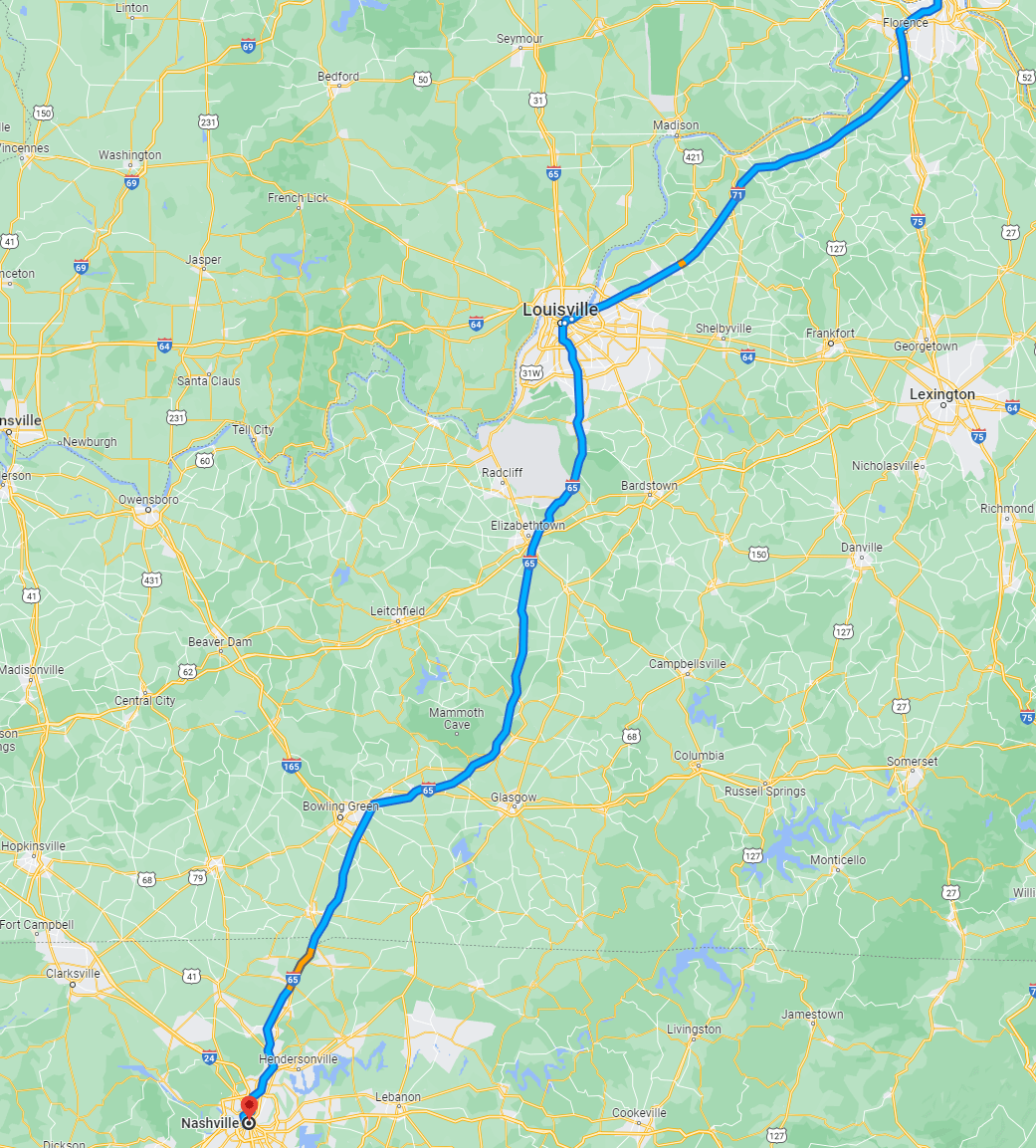 Driving Akron, OH to Nashville, TN Looking for distilleries and other