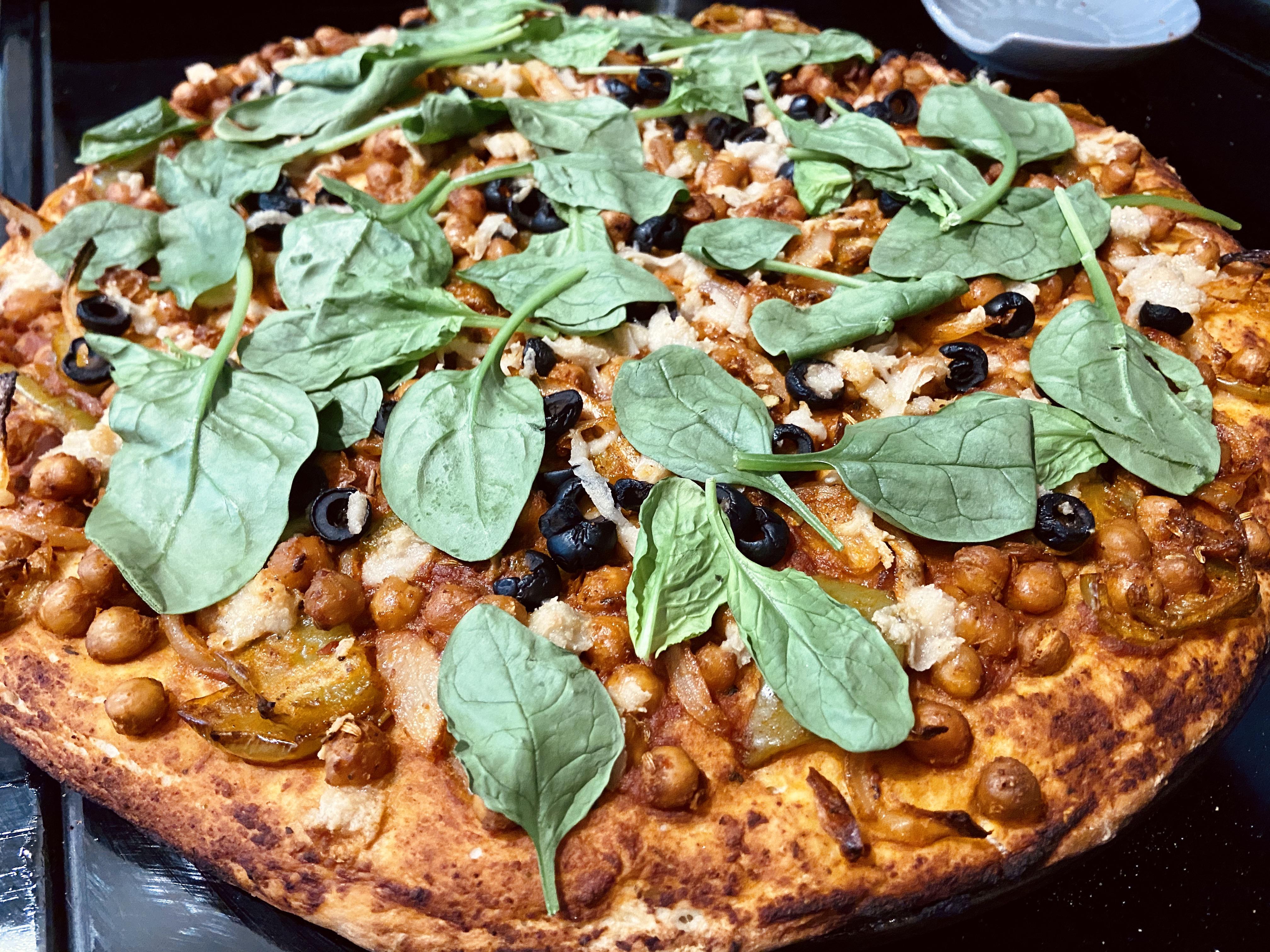 Homemade vegan pizza featuring pepperoni chickpeas made by my partner