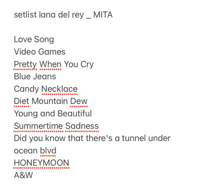 Setlist for Lana's show tomorrow according to someone who lives near