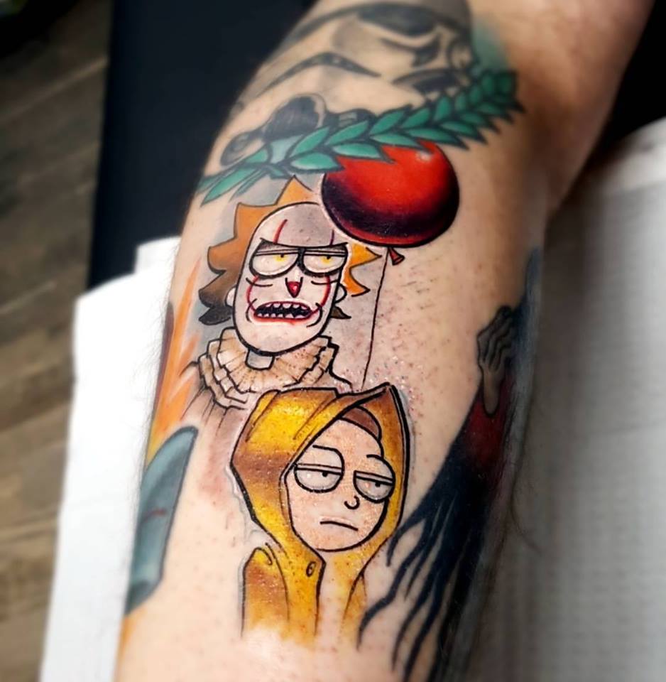 My friend's latest tattoo, a Rick and Morty/It crossover