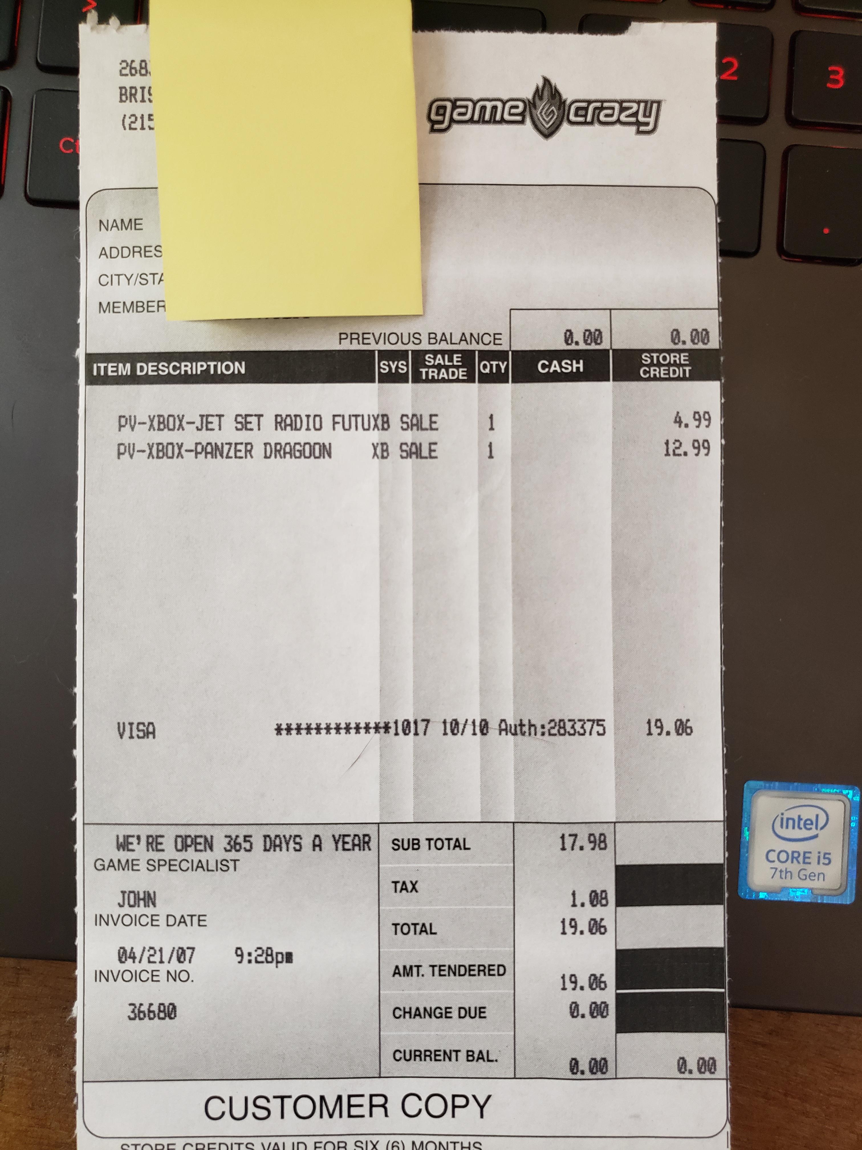 I found an old receipt from 2007 with a solid pickup from a store that