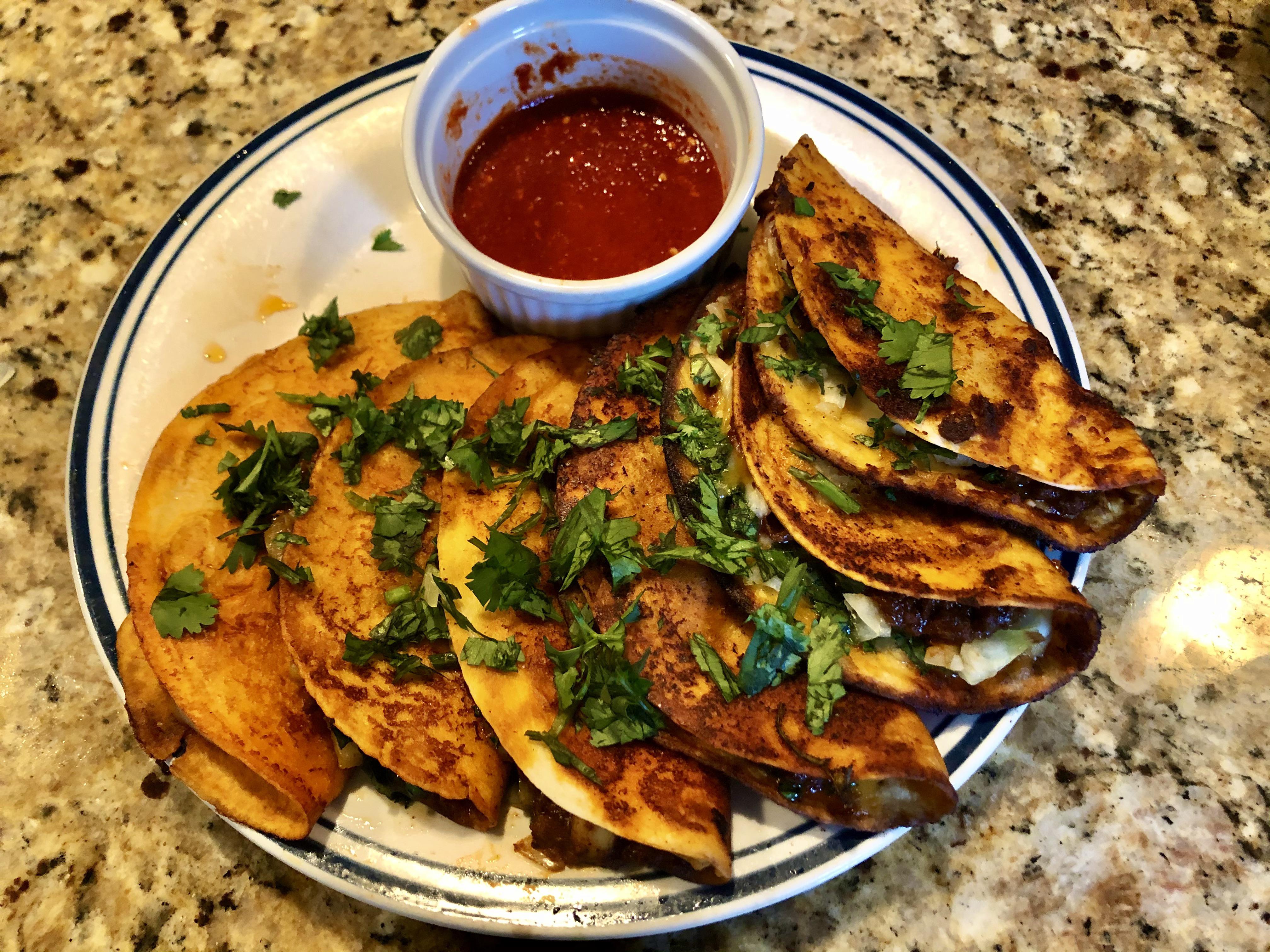 Vegetarian tacos and salsa de chile de árbol that I made (once more