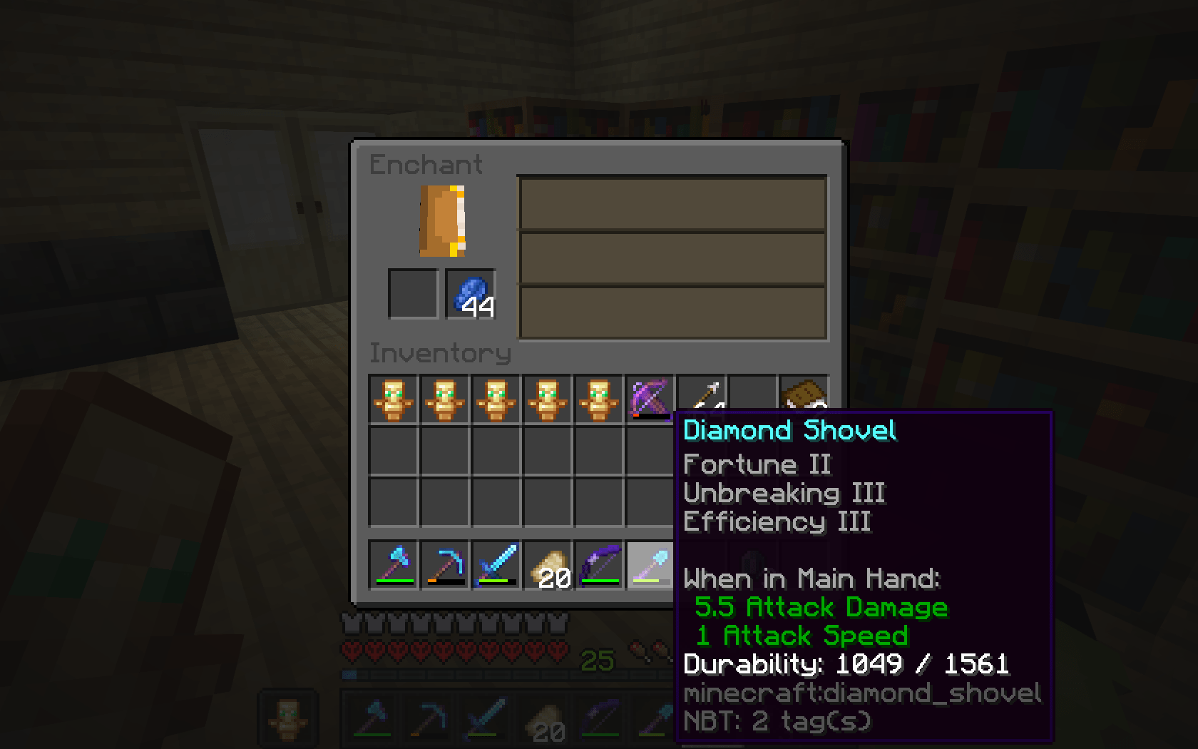 i enchanted my shovel with fortune II and luck maxed my shovel Minecraft