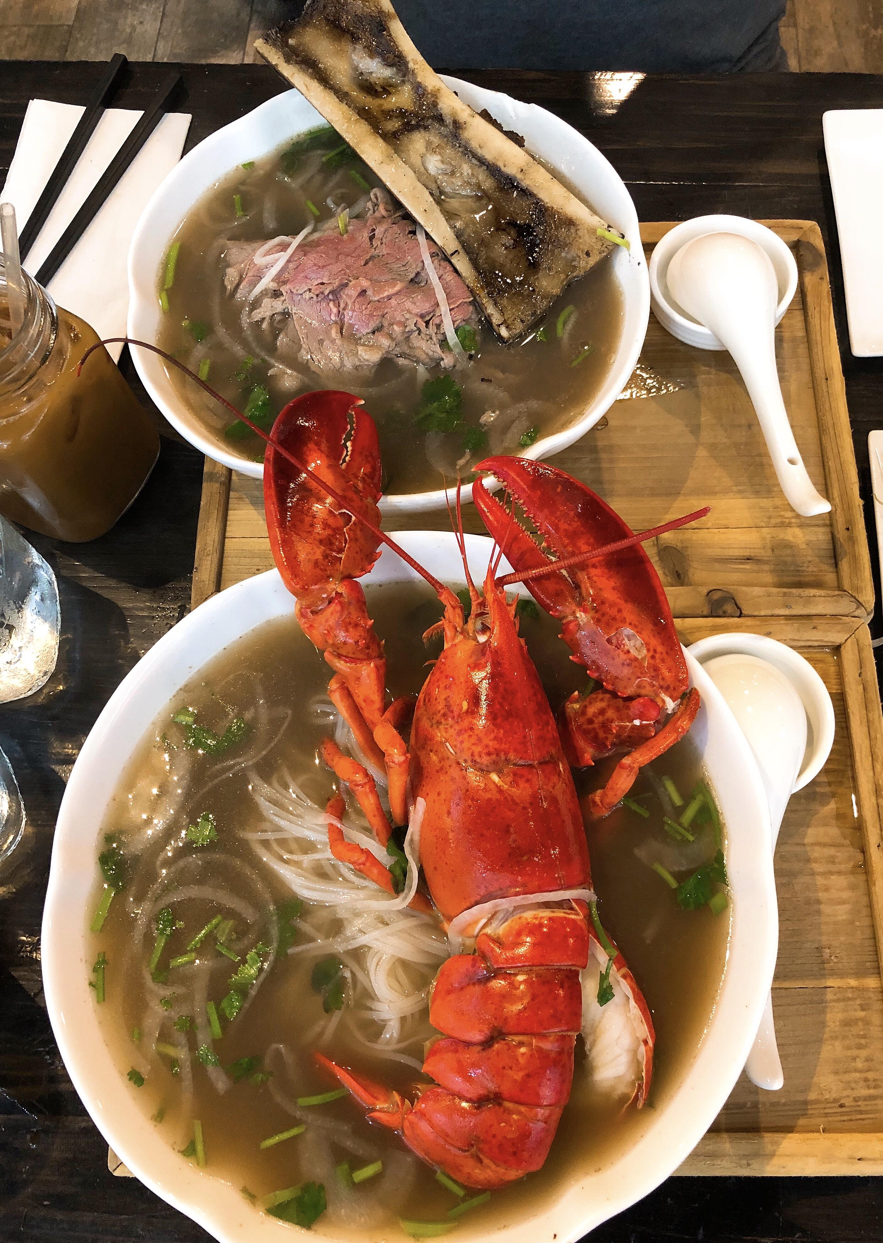 My delicious lobster pho & my friends bone marrow pho. r/FoodPorn
