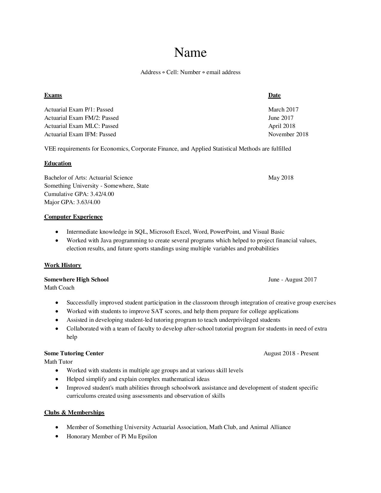 Entry Level Resume Critique actuary