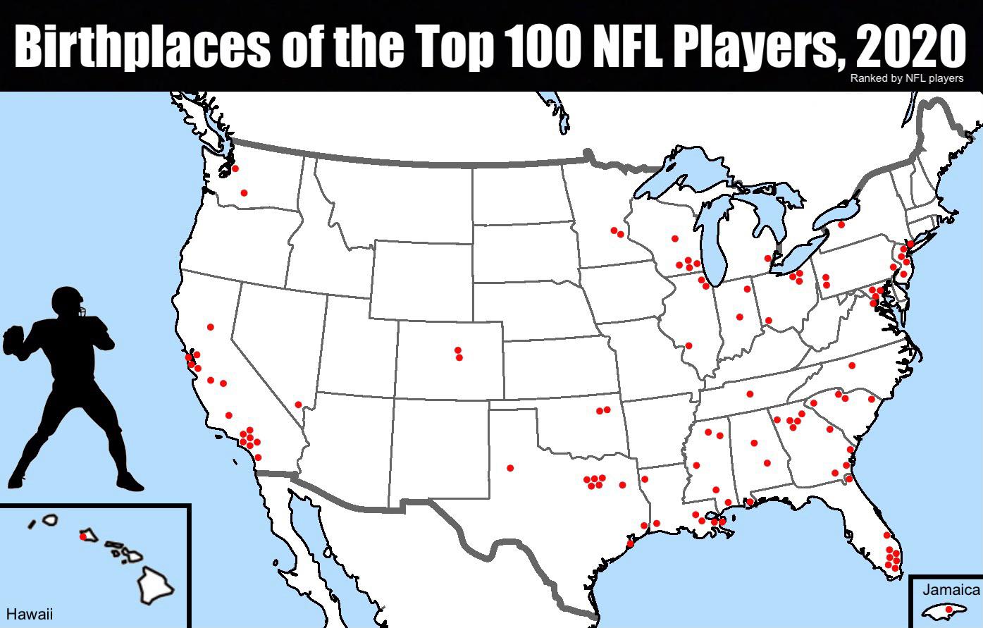 Birthplaces of the Top 100 NFL Players in 2020 r/MapPorn